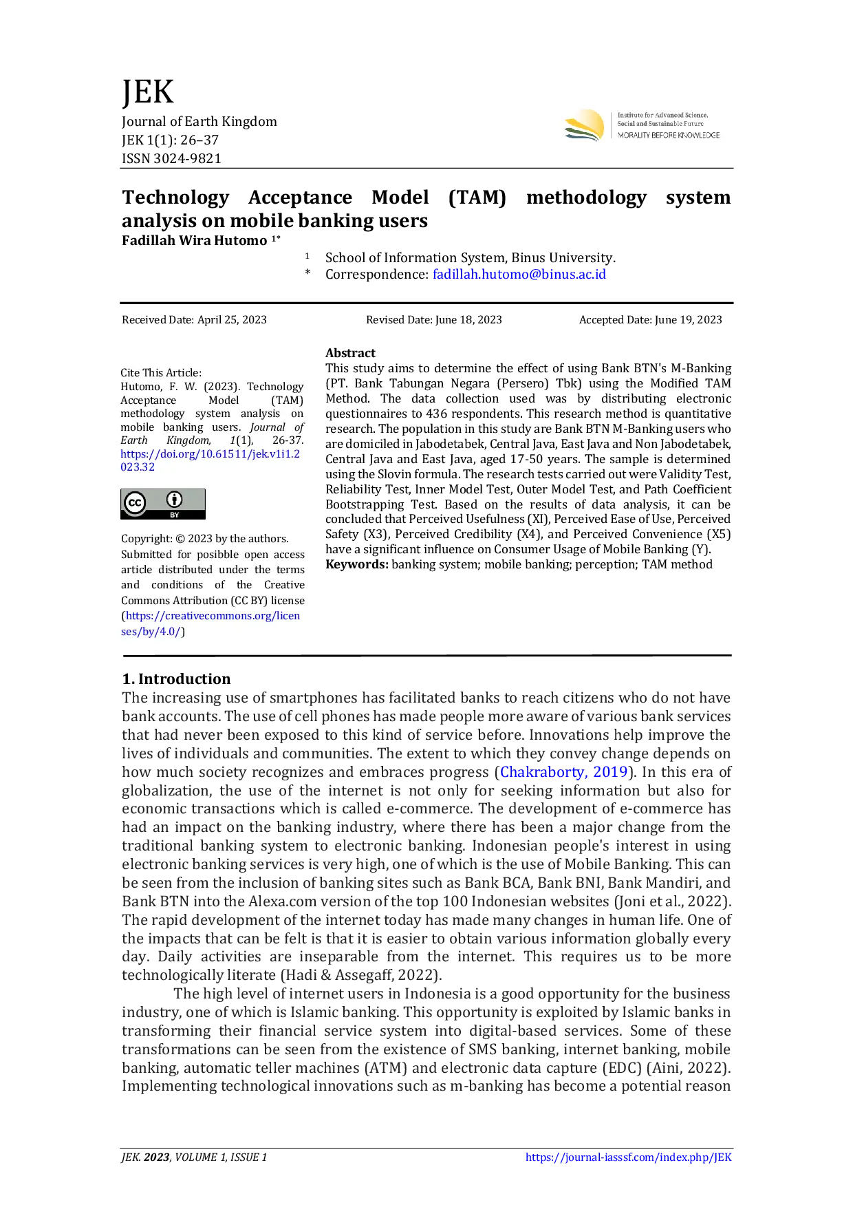 JURIS Technology Acceptance Model TAM methodology system analysis on mobile banking users