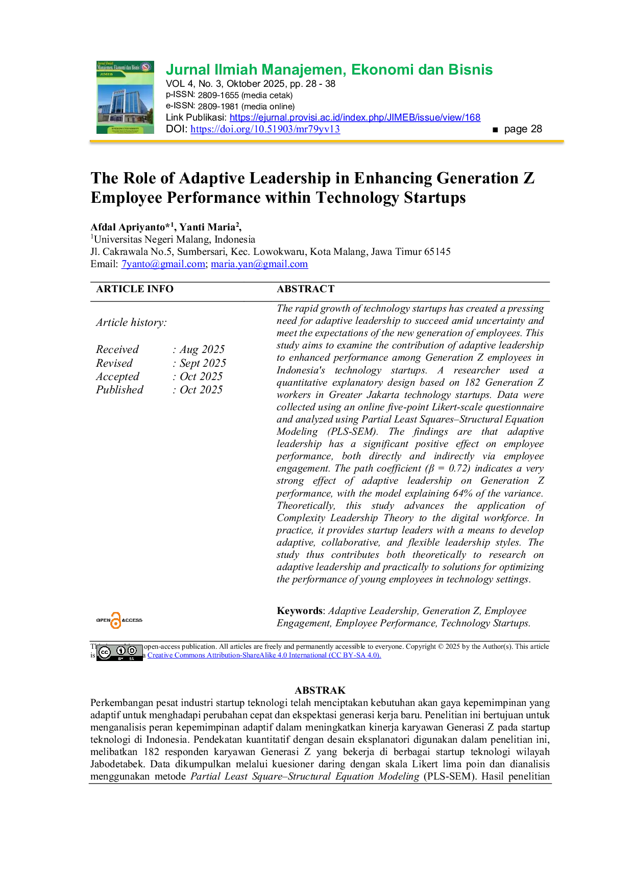 JURIS The Role of Adaptive Leadership in Enhancing Generation Z Employee Performance within Technology Startups