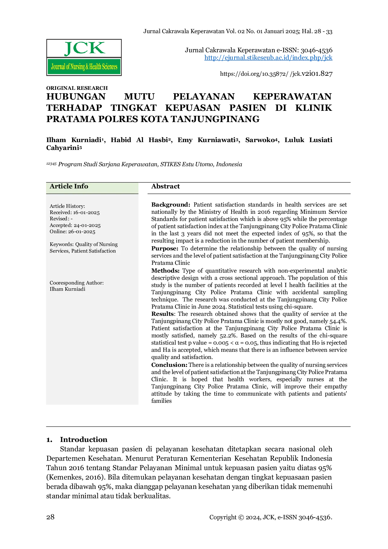 JURIS Hubungan Mutu Pelayanan Keperawatan Terhadap Tingkat Kepuasan Pasien di Klinik Pratama Polres Kota Tanjungpinang