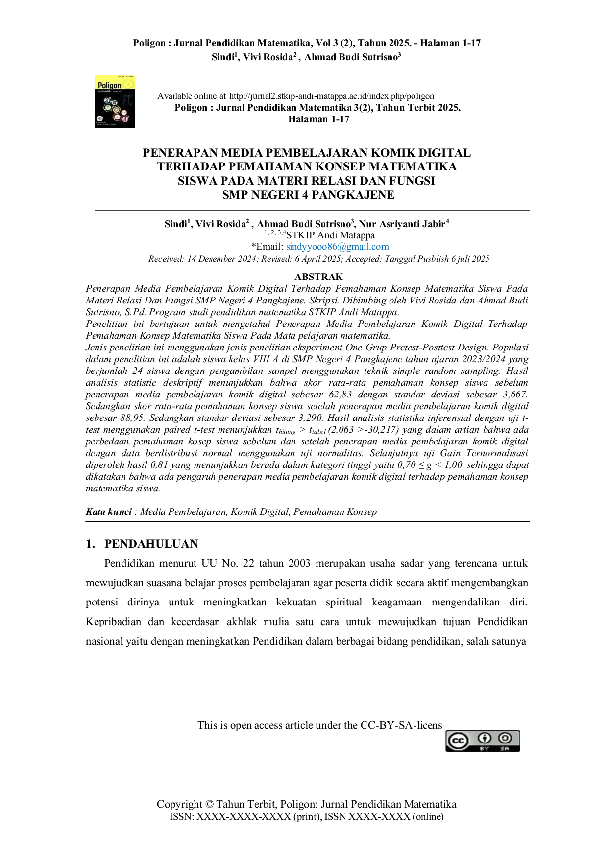 JURIS Penerapan Media Pembelajaran Komik Digital terhadap Pemahaman Konsep Matematika Siswa pada Materi Relasi dan Fungsi SMP Negeri 4 Pangkajene