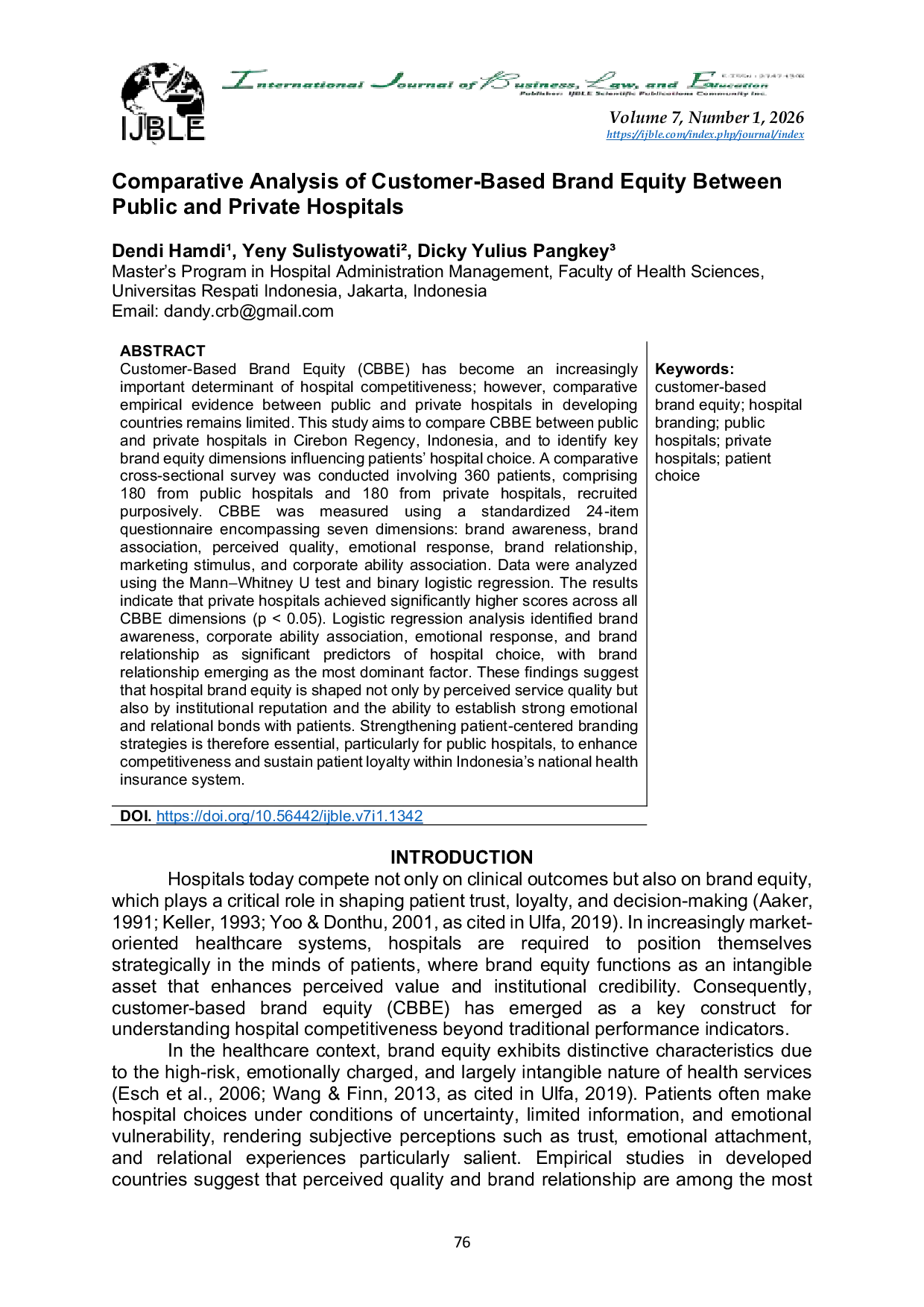 JURIS Comparative Analysis of Customer Based Brand Equity Between Public and Private Hospitals