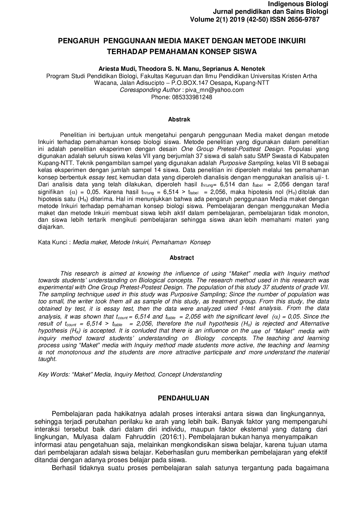 JURIS Pengaruh penggunaan media maket dengan metode inkuiri terhadap pemahaman konsep siswa di smps advent nusra noelbaki tahun ajaran 2018 2019