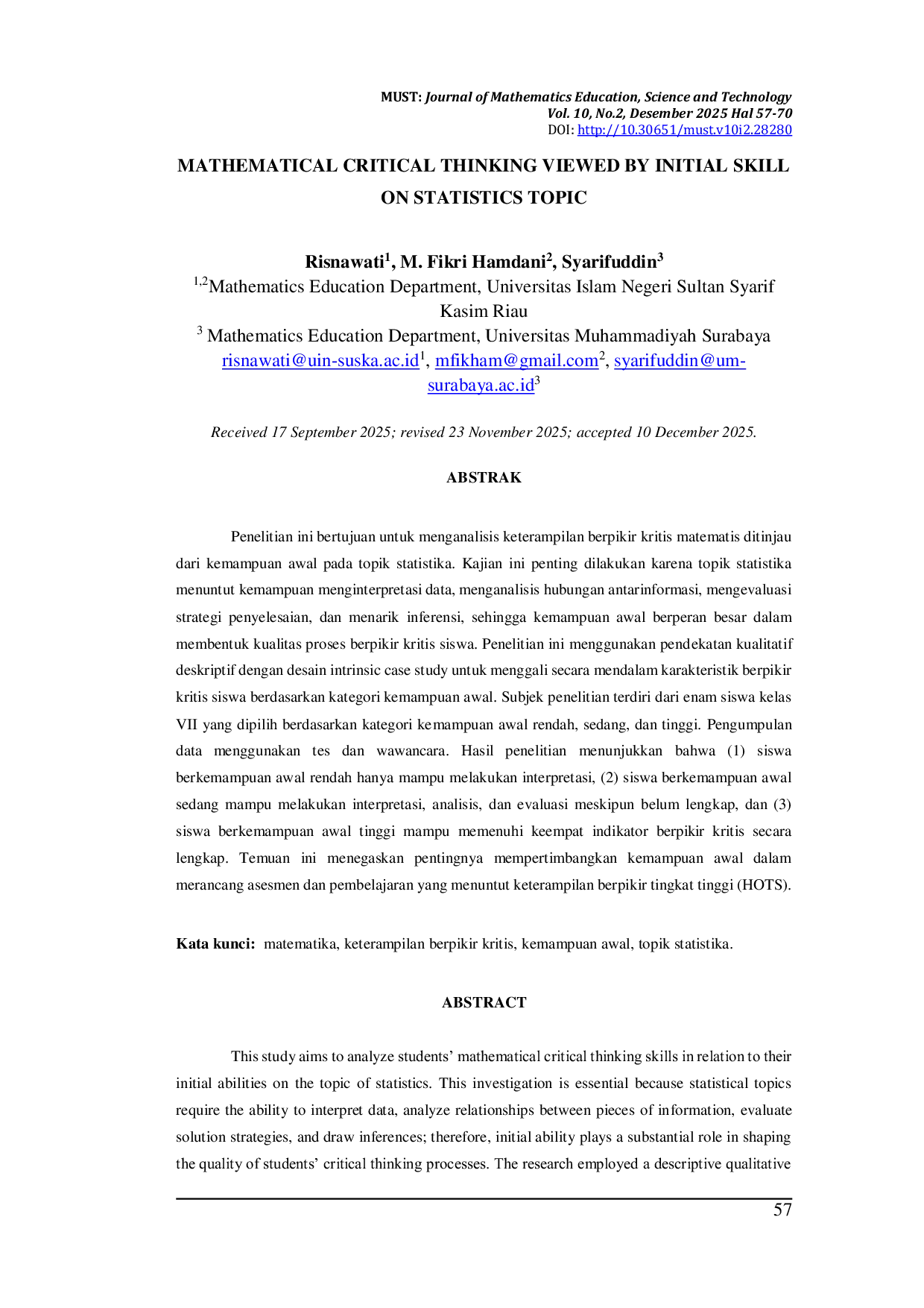 JURIS Mathematical Critical Thinking Viewed by Initial Skill on Statistics Topic