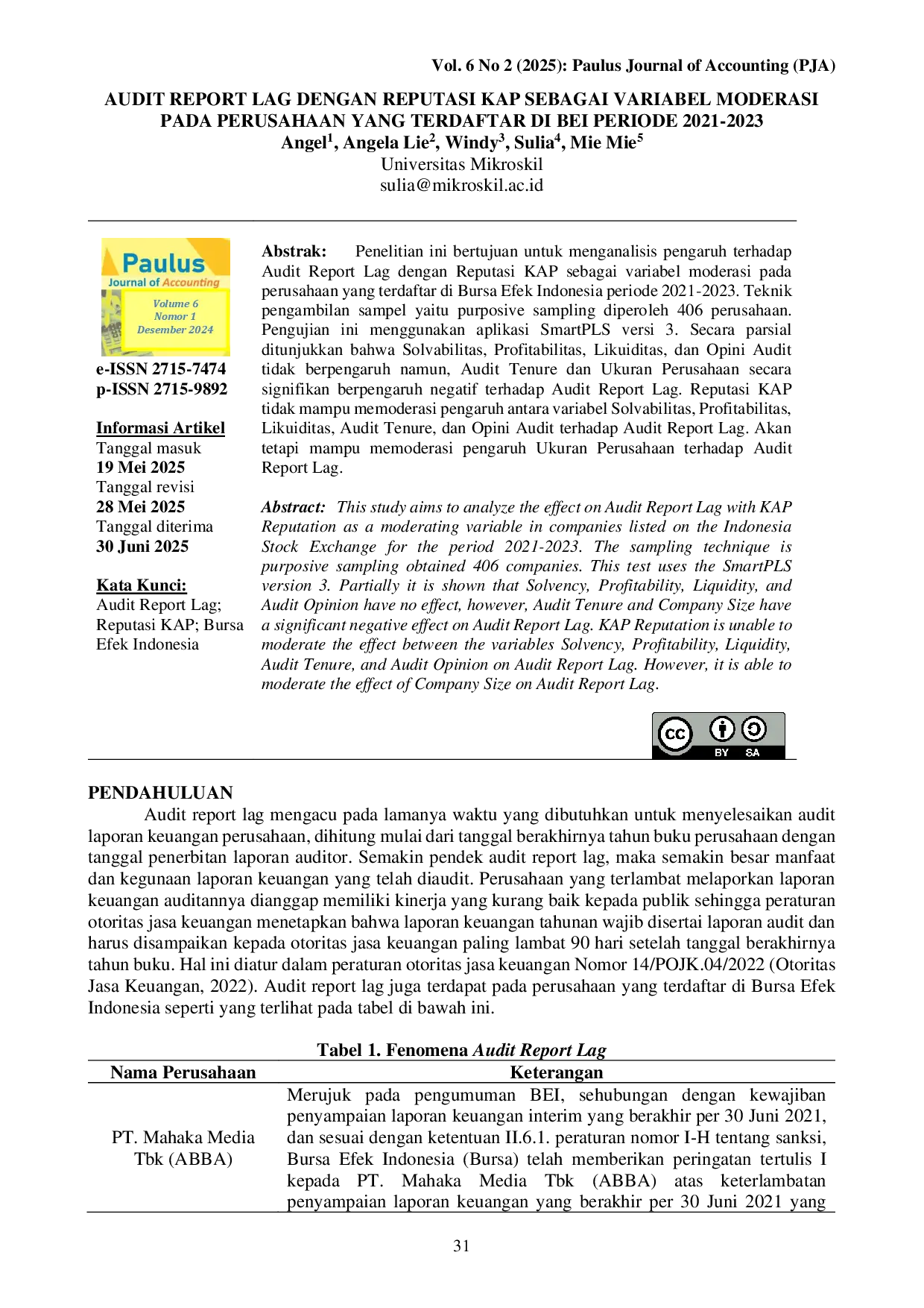 juris Audit Report Lag Dengan Reputasi Kap Sebagai Variabel Moderasi Pada Perusahaan Yang Terdaftar Di Bei Periode 2021 2023