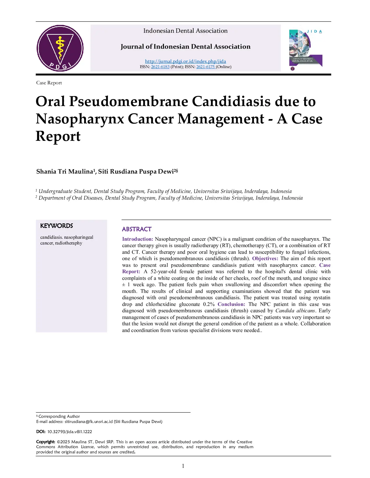 JURIS Oral Pseudomembrane Kandidiasis in Nasopharynx Cancer A Case Report