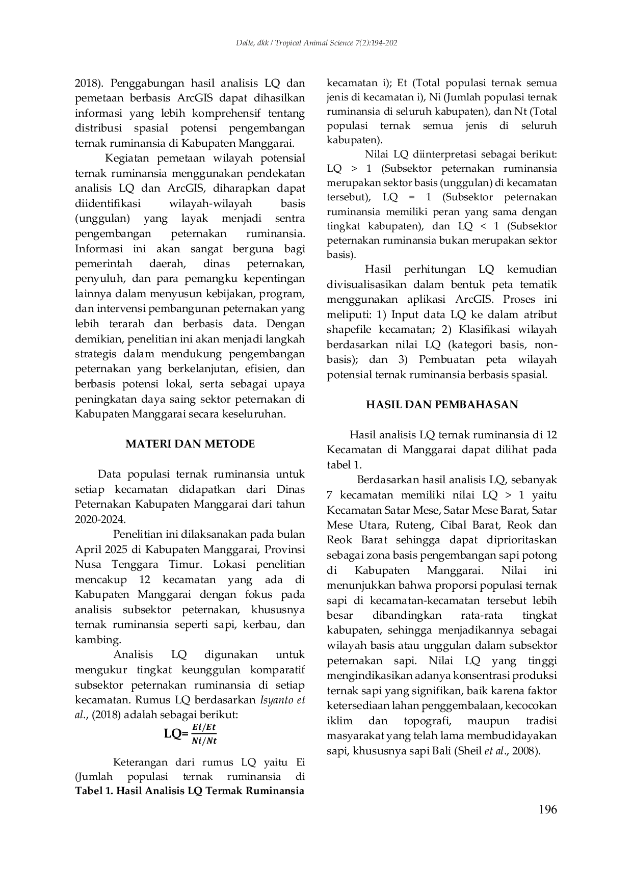 JURIS PEMETAAN WILAYAH POTENSIAL TERNAK RUMINANSIA MENGGUNAKAN ANALISIS LQ DAN ArcGIS KABUPATEN MANGGARAI TAHUN 2024 MAPPING OF RUMINANT LIVESTOCK POTENTIAL AREAS USING LQ and ArcGIS ANALYSIS OF MANGGARAI