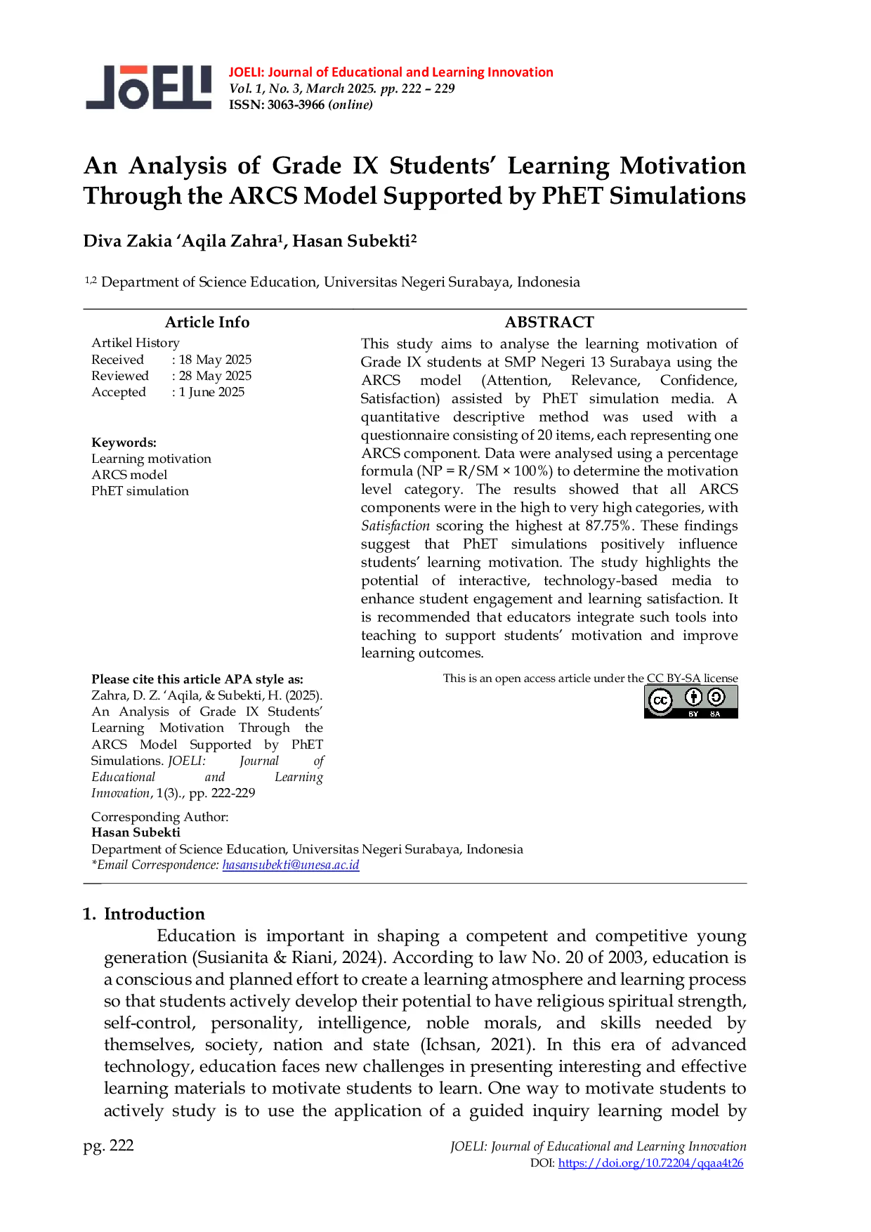 JURIS An Analysis of Grade IX Students Learning Motivation Through the ARCS Model Supported by PhET Simulations