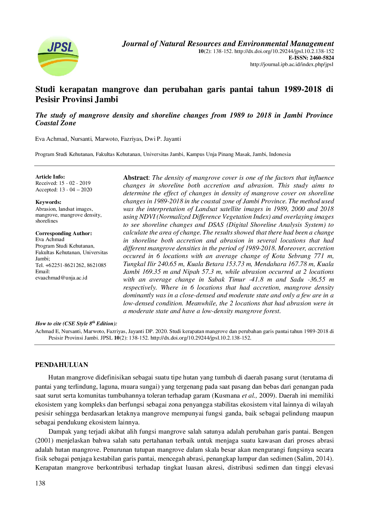 juris Studi Kerapatan Mangrove Dan Perubahan Garis Pantai Tahun 1989 2018 Di Pesisir Provinsi Jambi