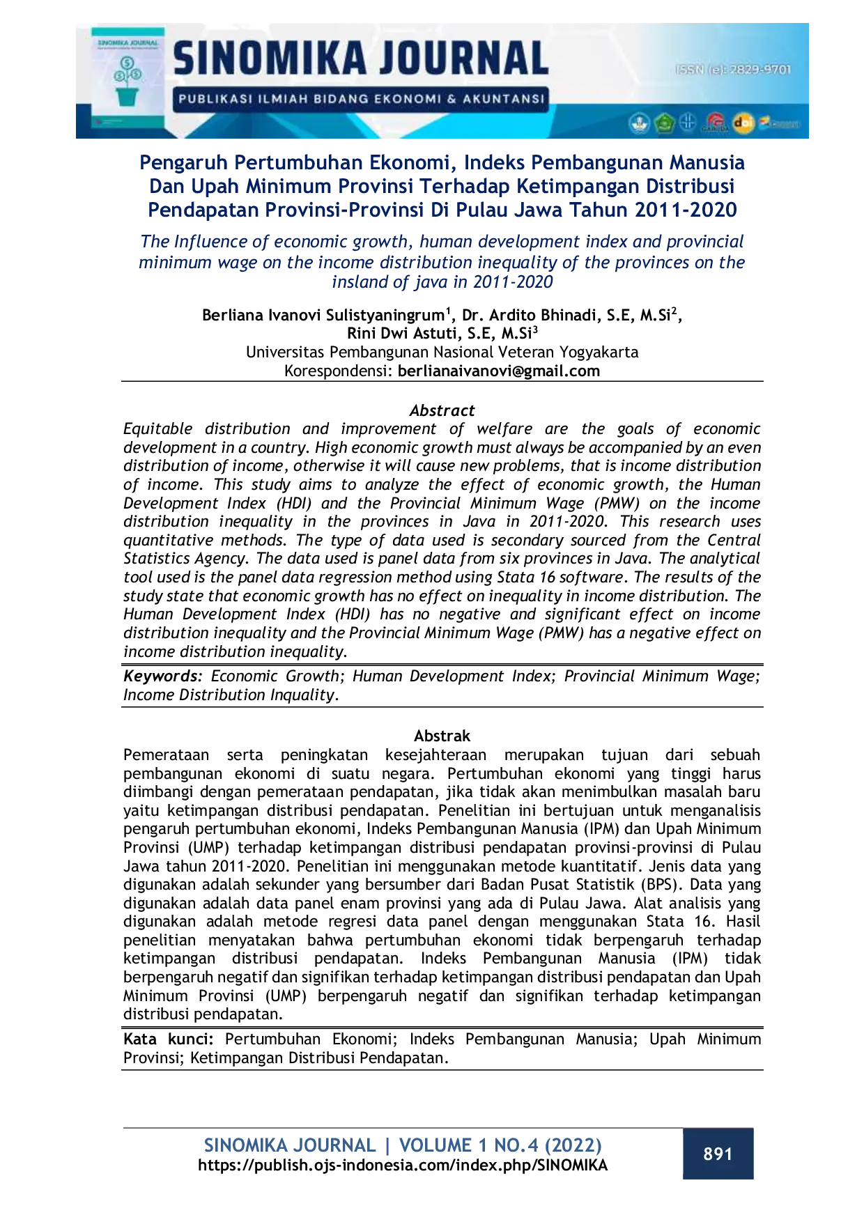 JURIS Pengaruh Pertumbuhan Ekonomi Indeks Pembangunan Manusia Dan Upah Minimum Provinsi Terhadap Ketimpangan Distribusi Pendapatan Provinsi Provinsi Di Pulau Jawa Tahun 2011 2020