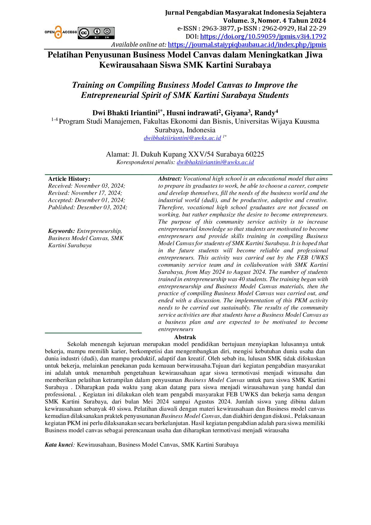 juris Pelatihan Penyusunan Business Model Canvas dalam Meningkatkan Jiwa Kewirausahaan Siswa SMK Kartini Surabaya
