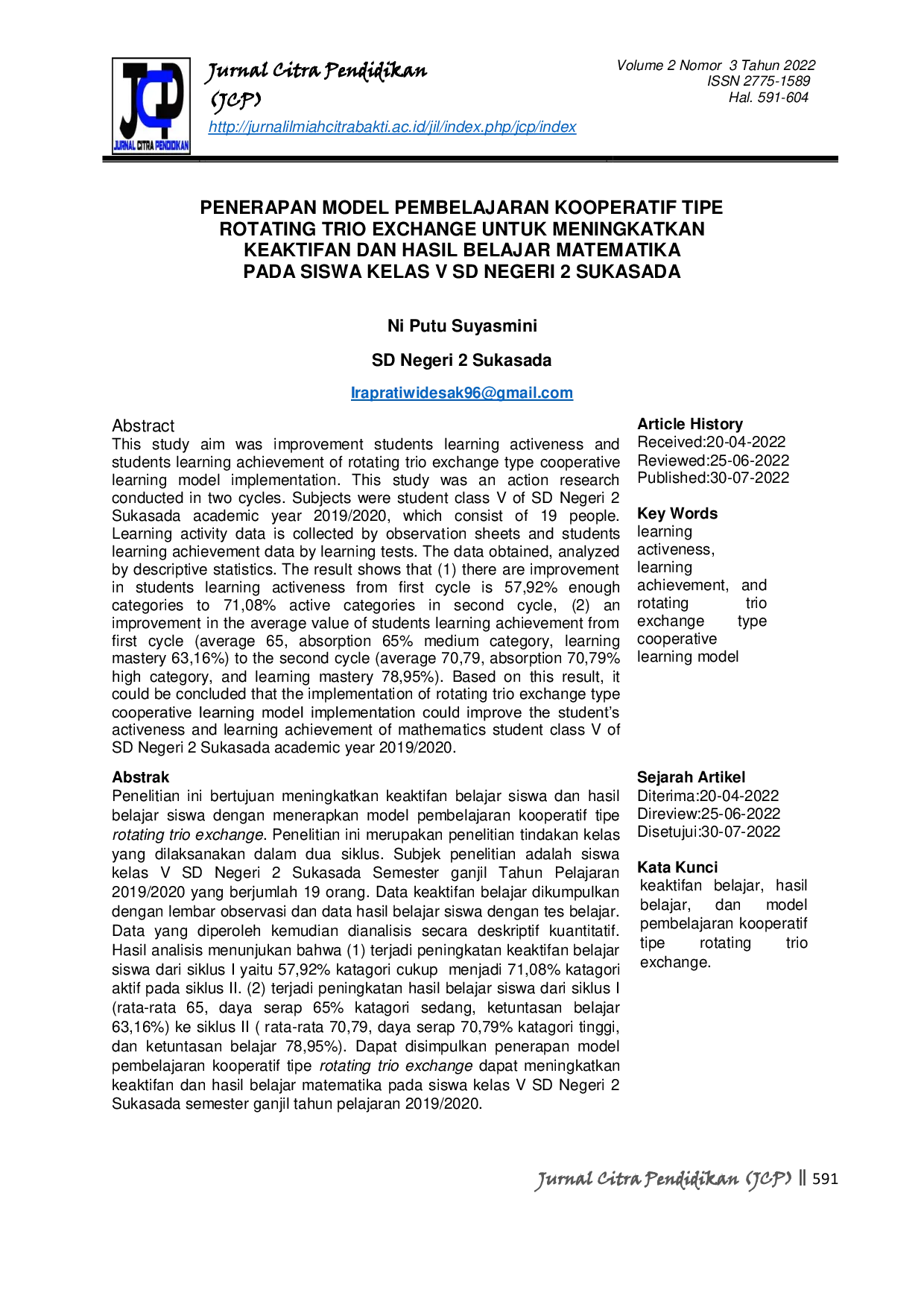 JURIS Penerapan Model Pembelajaran Kooperatif Tipe Rotating Trio Exchange Untuk Meningkatkan Keaktifan Dan Hasil Belajar Matematika Pada Siswa Kelas V Sd Negeri 2 Sukasada
