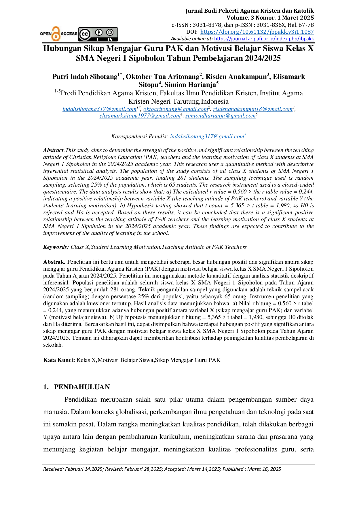 JURIS Hubungan Sikap Mengajar Guru PAK dan Motivasi Belajar Siswa Kelas X SMA Negeri 1 Sipoholon Tahun Pembelajaran 2024 2025