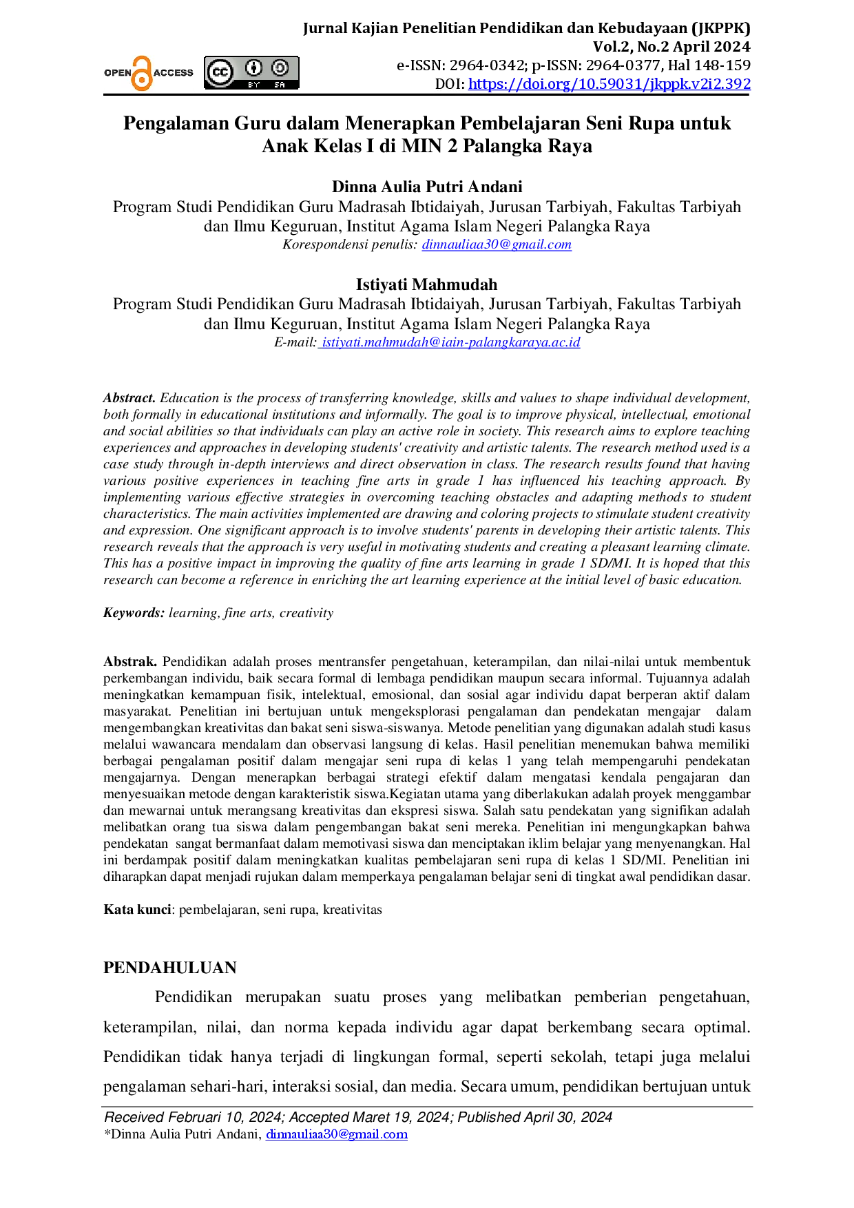 juris Pengalaman Guru dalam Menerapkan Pembelajaran Seni Rupa untuk Anak Kelas I di MIN 2 Palangka Raya