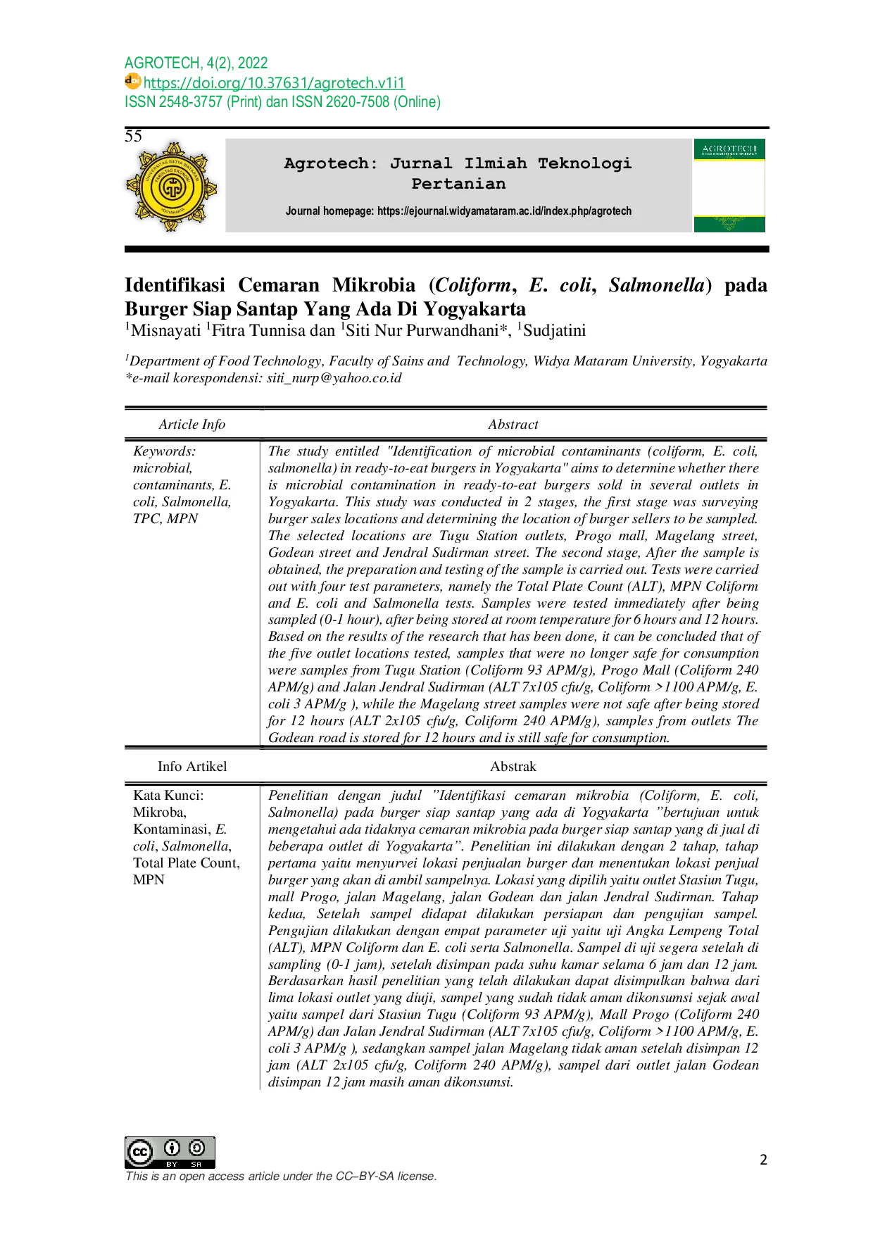 JURIS Identifikasi Cemaran Mikrobia Coliform E coli Salmonella pada Burger Siap Santap Yang Ada Di Yogyakarta