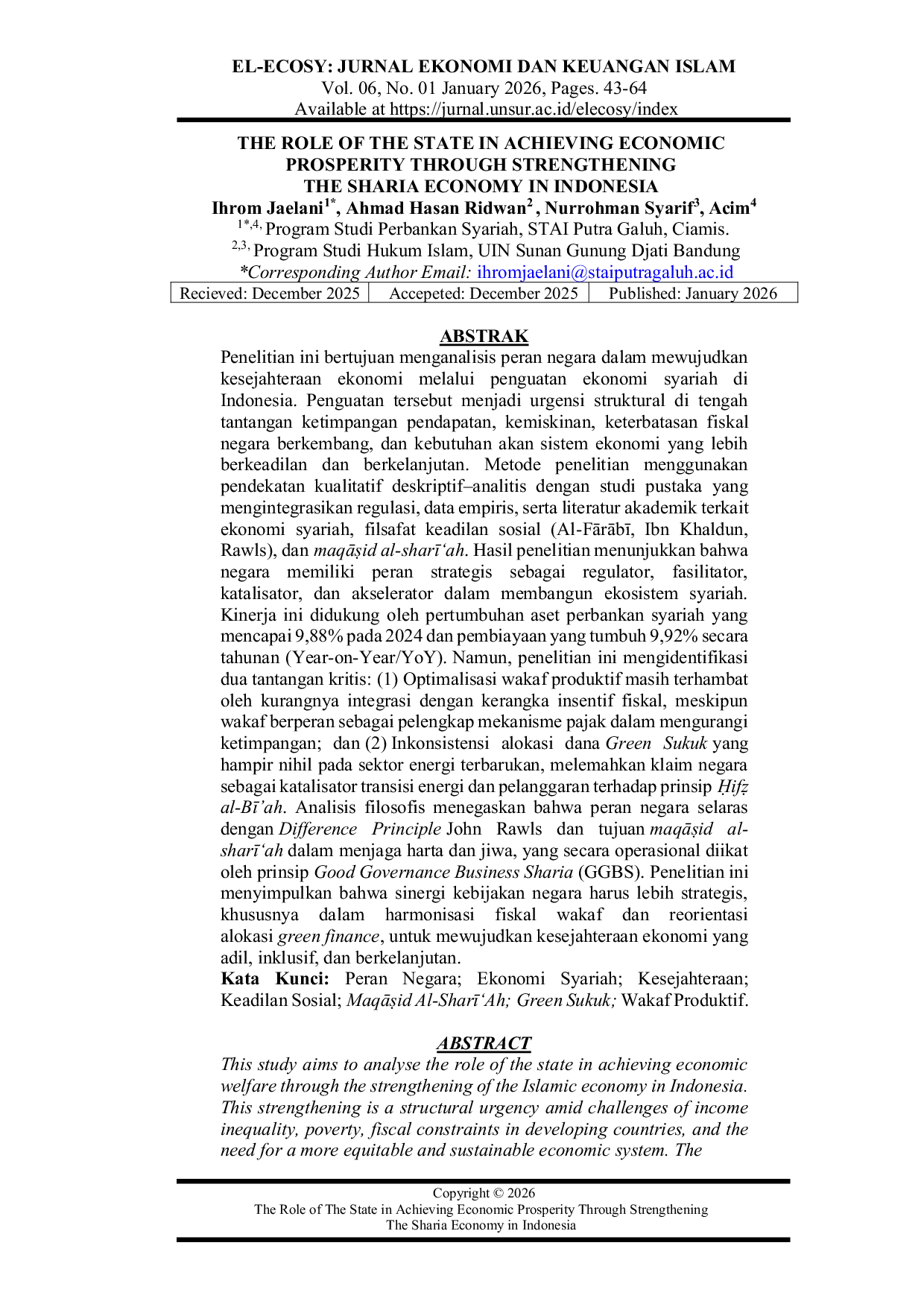 JURIS Peran Negara dalam Mewujudkan Kesejahteraan Ekonomi Melalui Penguatan Ekonomi Syariah di Indonesia