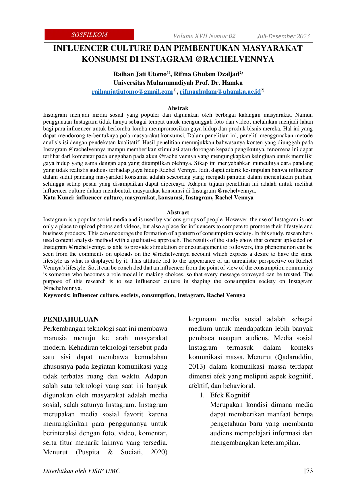 JURIS Influencer Culture dan Pembentukan Masyarakat Konsumsi di Instagram rachelvennya