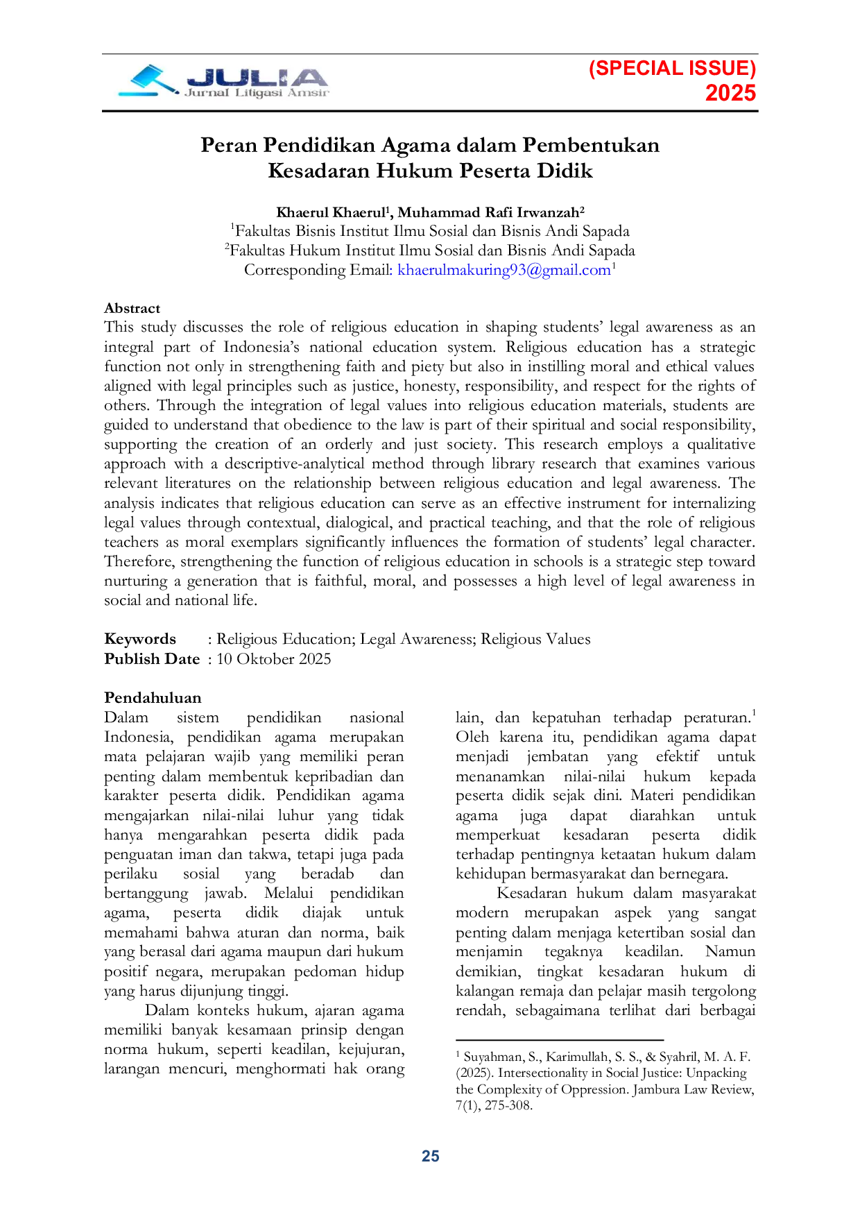 JURIS Peran Pendidikan Agama dalam Pembentukan Kesadaran Hukum Peserta Didik