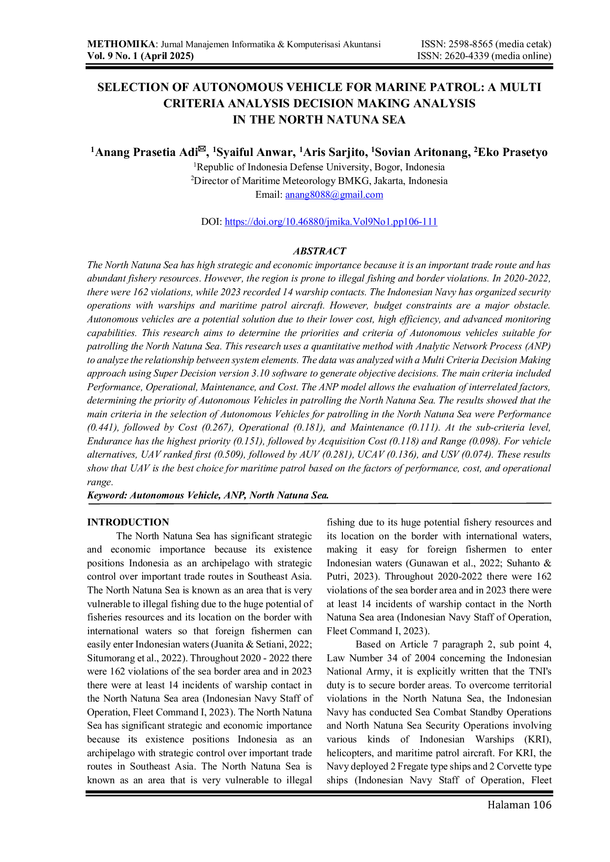 JURIS Selection of Autonomous Vehicle for Marine Patrol A Multi Criteria Analysis Decision Making Analysis in The North Natuna Sea