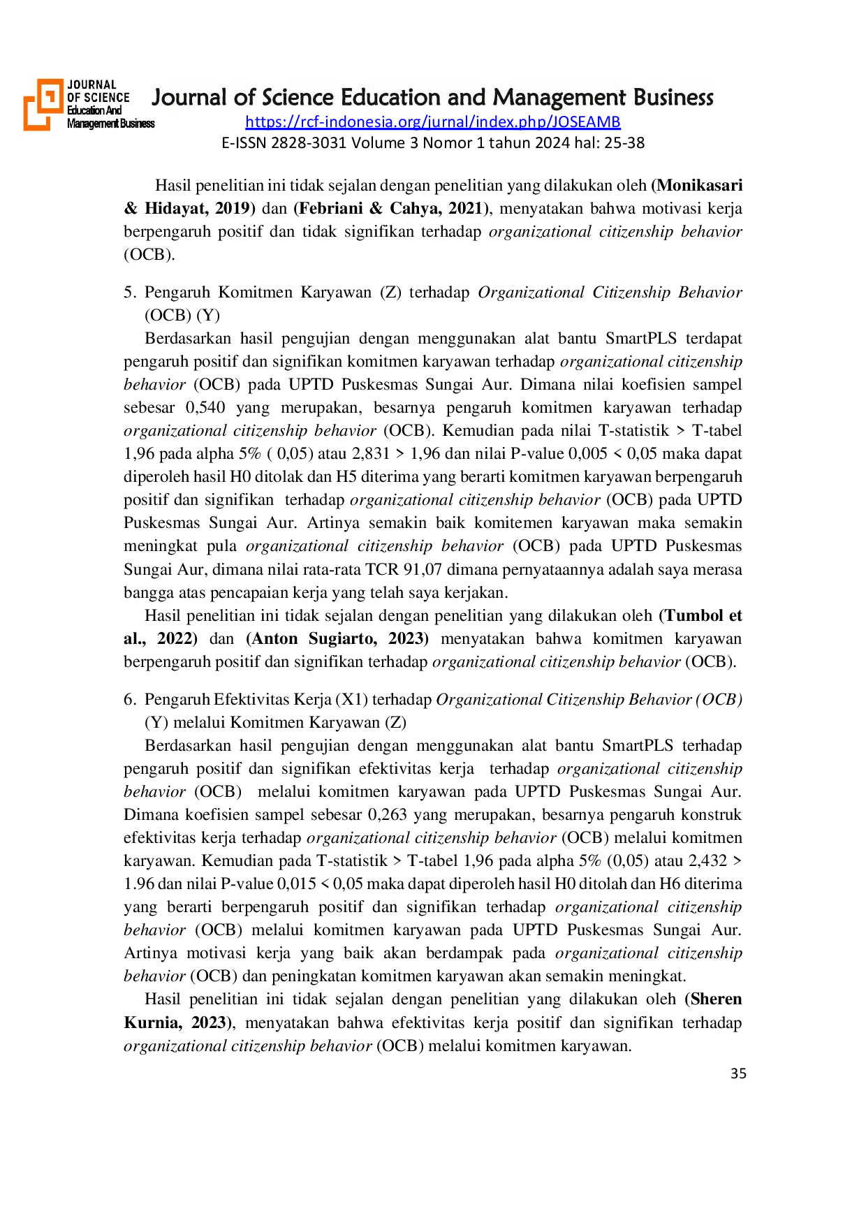 JURIS Pengaruh Efektivitas Kerja Dan Motivasi Kerja Terhadap Organizational Citizenship Behavior OCB Dengan Komitmen Karyawan Sebagai Variabel Intervening Pada UPTD Puskesmas Sungai Aur