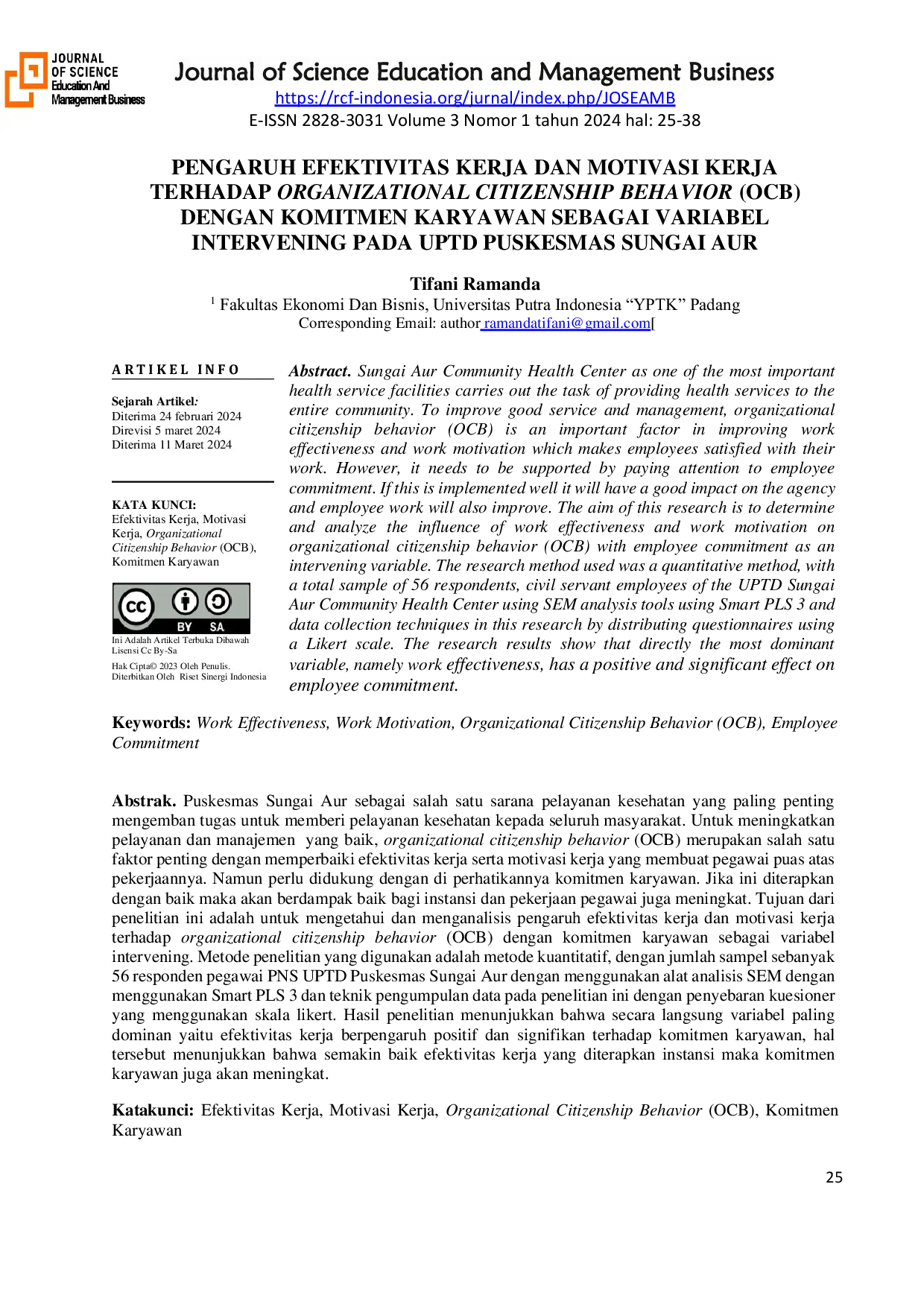 JURIS Pengaruh Efektivitas Kerja Dan Motivasi Kerja Terhadap Organizational Citizenship Behavior OCB Dengan Komitmen Karyawan Sebagai Variabel Intervening Pada UPTD Puskesmas Sungai Aur
