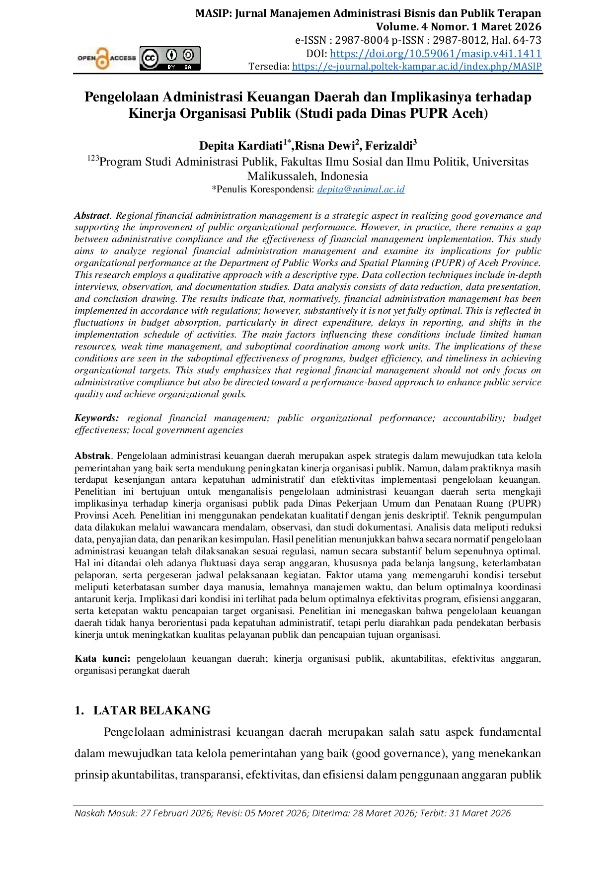 JURIS Pengelolaan Administrasi Keuangan Daerah dan Implikasinya terhadap Kinerja Organisasi Publik Studi pada Dinas PUPR Aceh