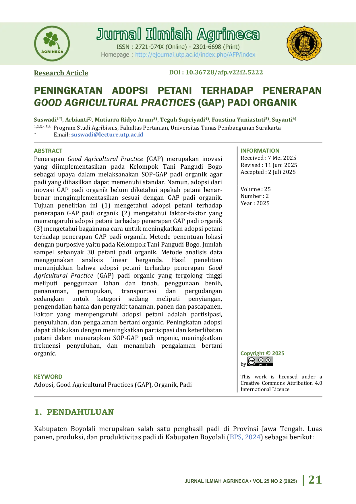 JURIS Peningkatan Adopsi Petani Terhadap Penerapan Good Agricultural Practices GAP Padi Organik