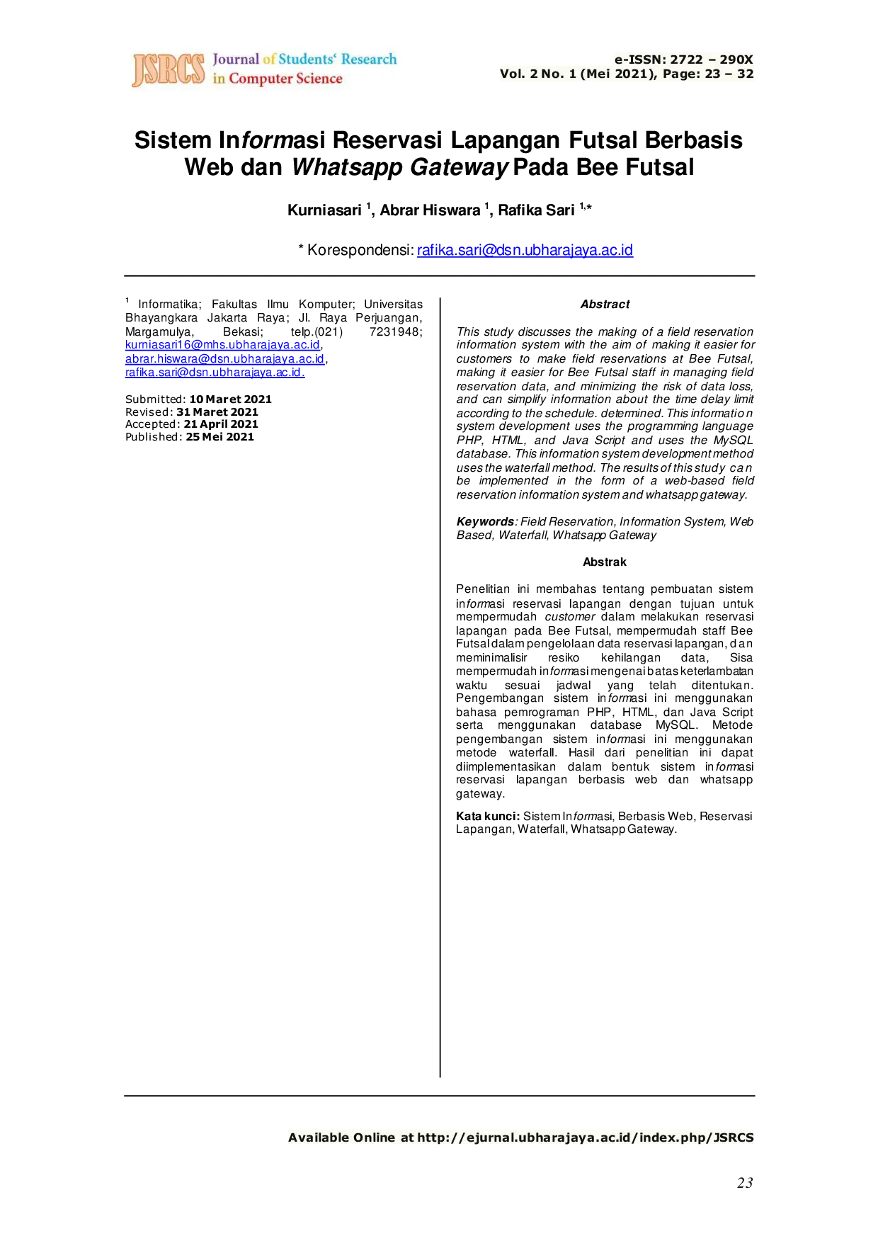 JURIS Sistem Informasi Reservasi Lapangan Futsal Berbasis Web dan Whatsapp Gateway Pada Bee Futsal