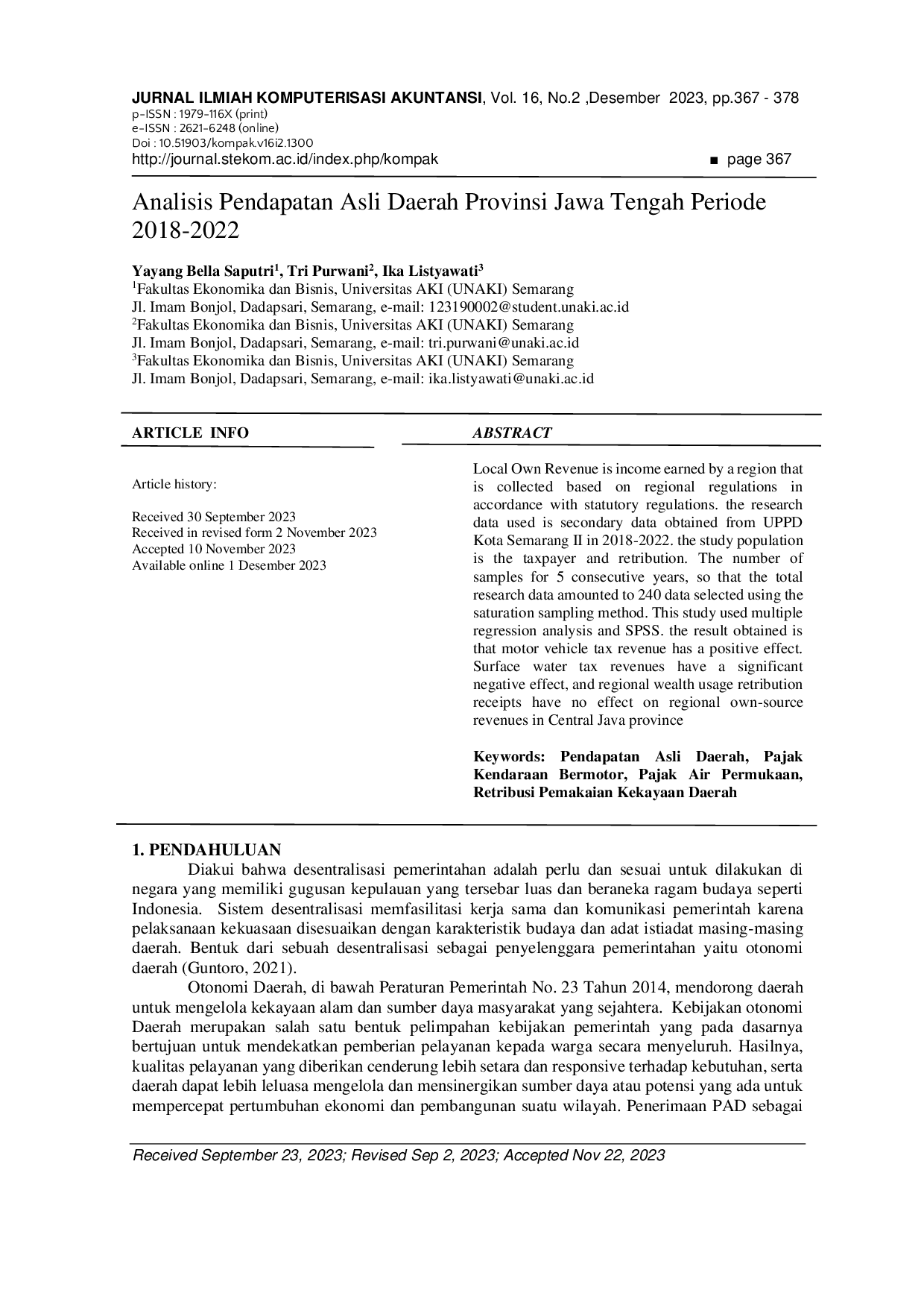 JURIS Analisis Pendapatan Asli Daerah Provinsi Jawa Tengah Periode 2018 2022