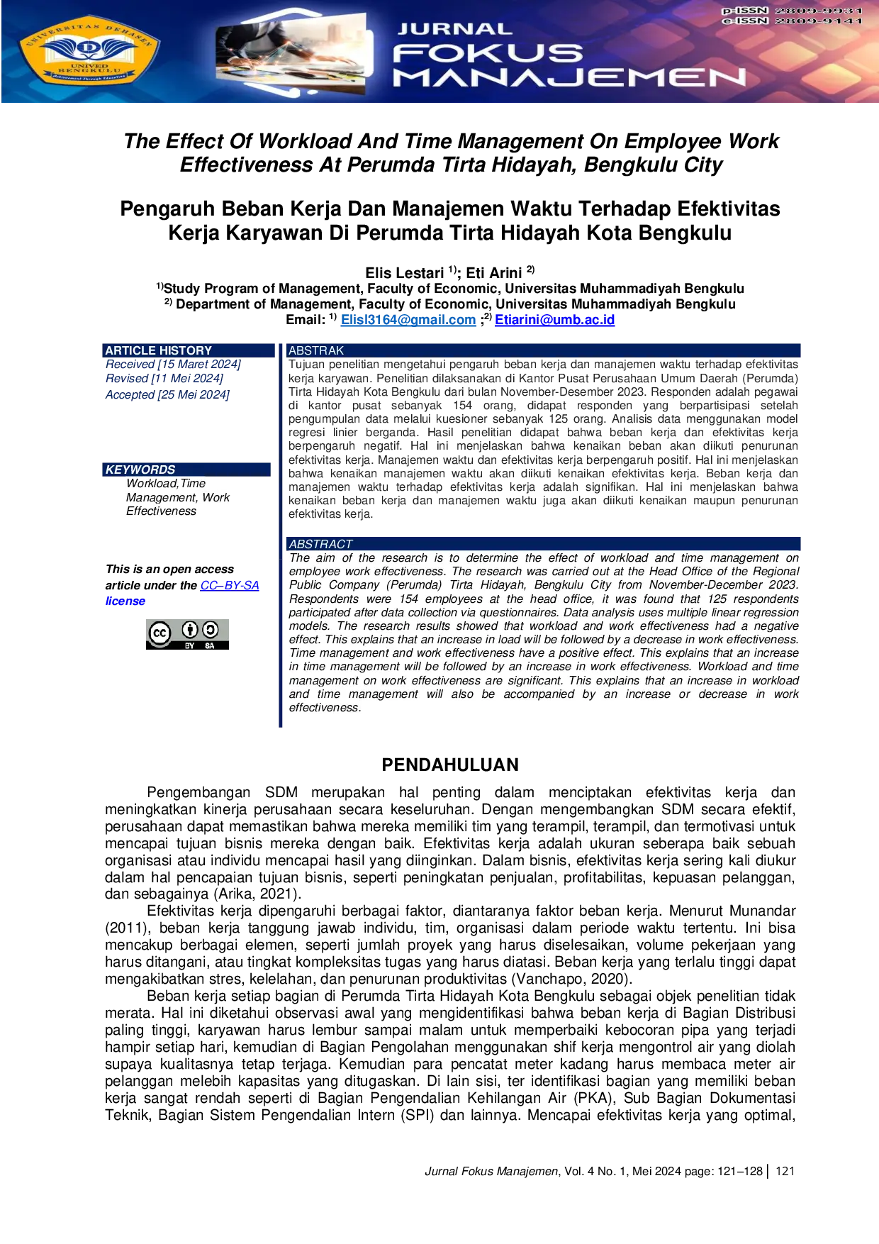 JURIS Pengaruh Beban Kerja Dan Manajemen Waktu Terhadap Efektivitas Kerja Karyawan Di Perumda Tirta Hidayah Kota Bengkulu