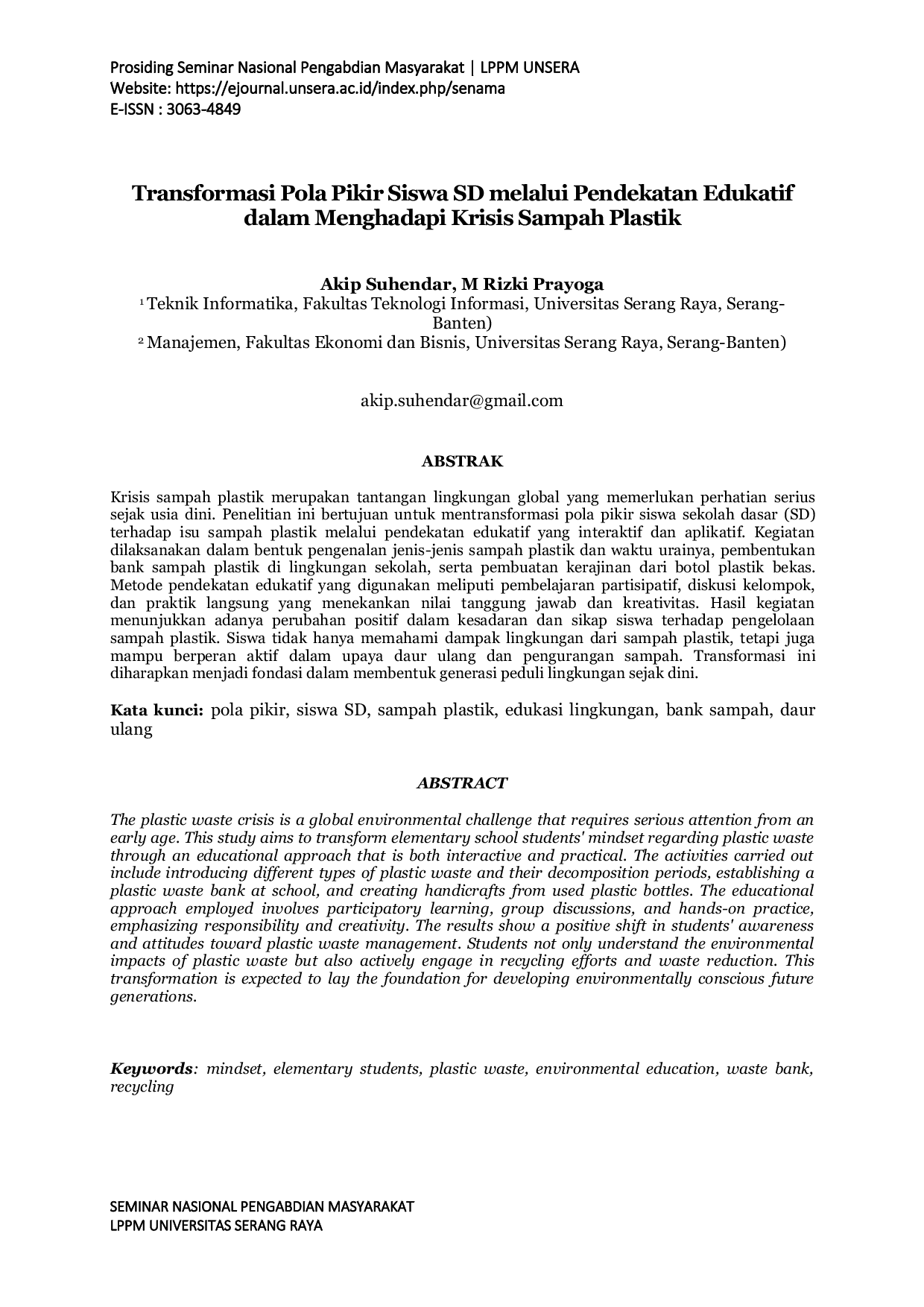 JURIS Transformasi Pola Pikir Siswa SD melalui Pendekatan Edukatif dalam Menghadapi Krisis Sampah Plastik