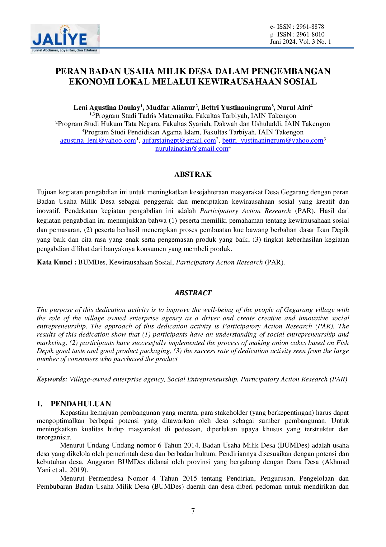 JURIS Peran Badan Usaha Milik Desa Dalam Pengembangan Ekonomi Lokal Melalui Kewirausahaan Sosial
