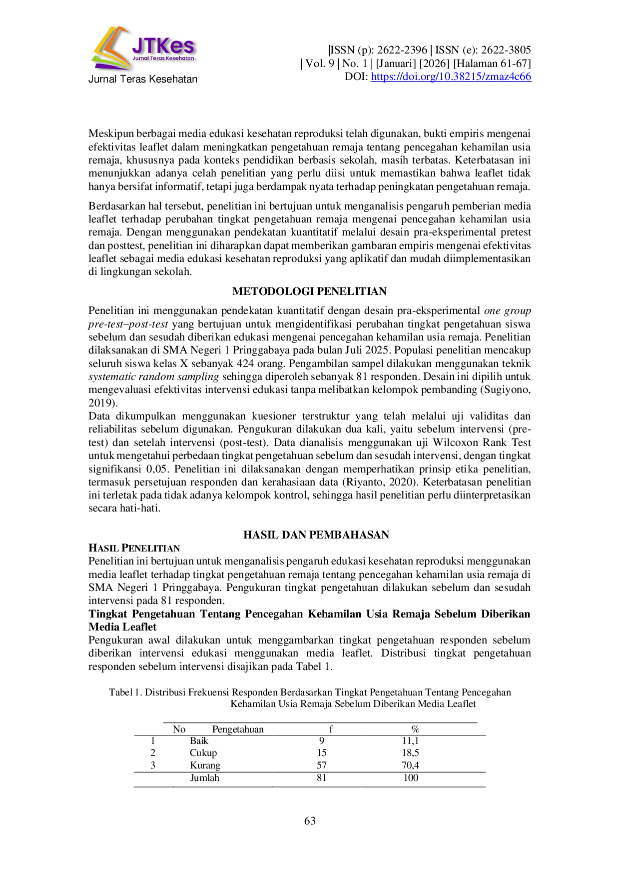 JURIS Pengaruh Media Leaflet Terhadap Pengetahuan Tentang Pencegahan Kehamilan Usia Remaja