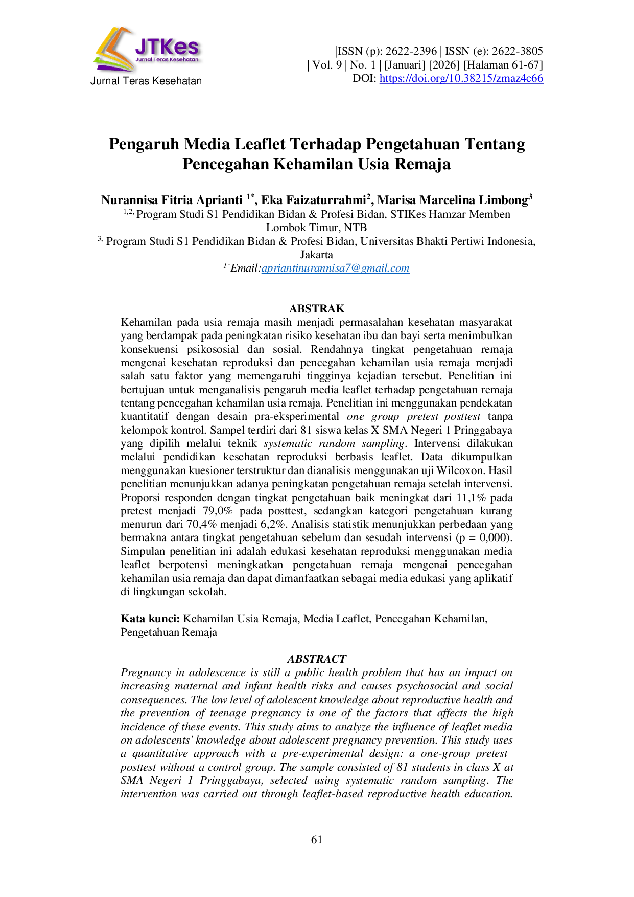 JURIS Pengaruh Media Leaflet Terhadap Pengetahuan Tentang Pencegahan Kehamilan Usia Remaja