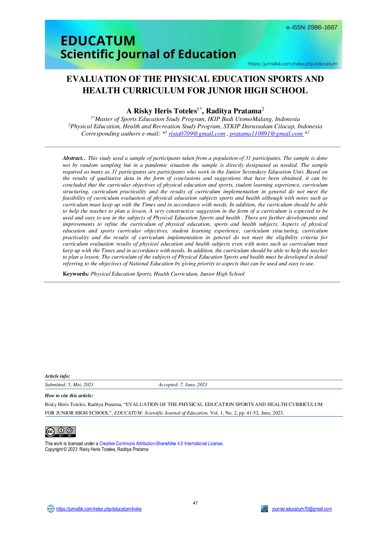 JURIS EVALUATION OF THE PHYSICAL EDUCATION SPORTS AND HEALTH CURRICULUM FOR JUNIOR HIGH SCHOOL