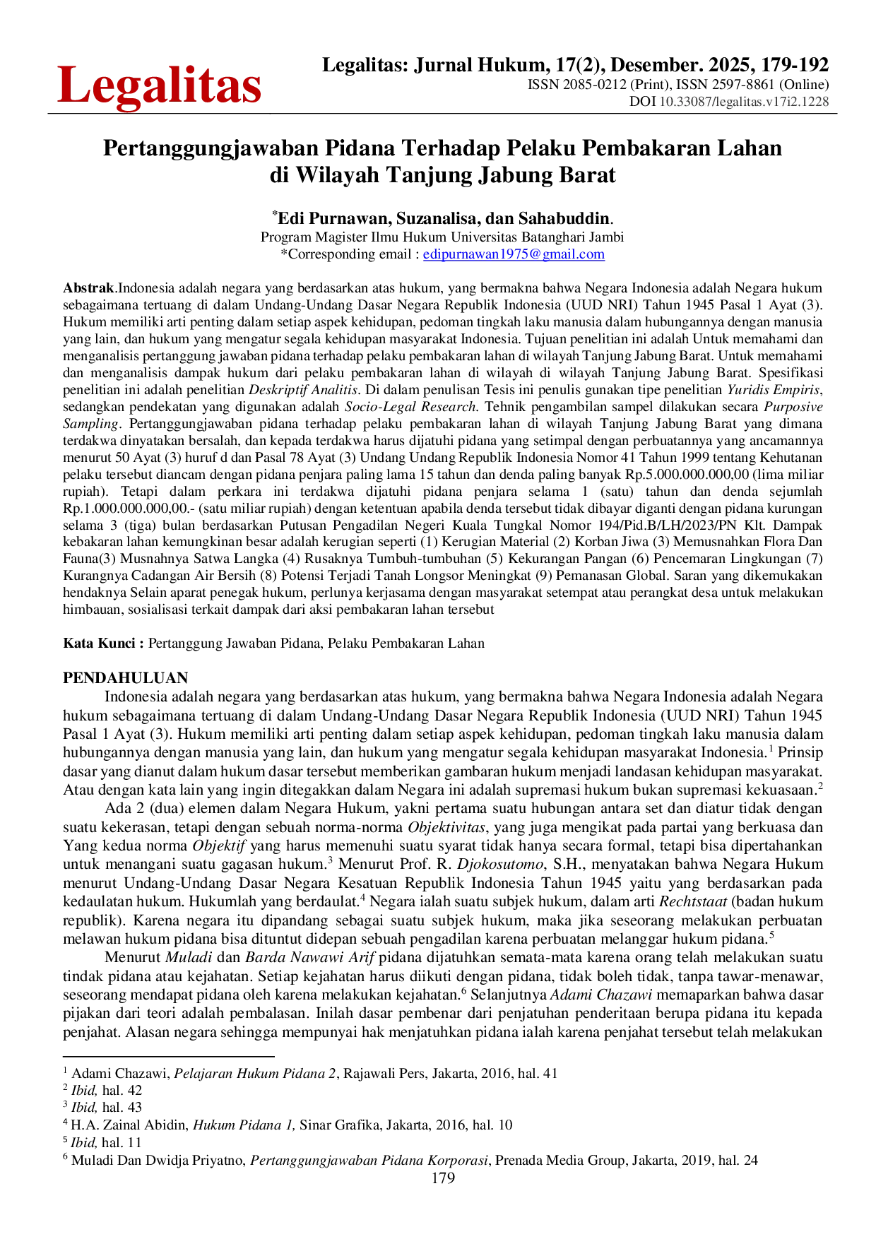 JURIS Pertanggungjawaban Pidana Terhadap Pelaku Pembakaran Lahan di Wilayah Tanjung Jabung Barat