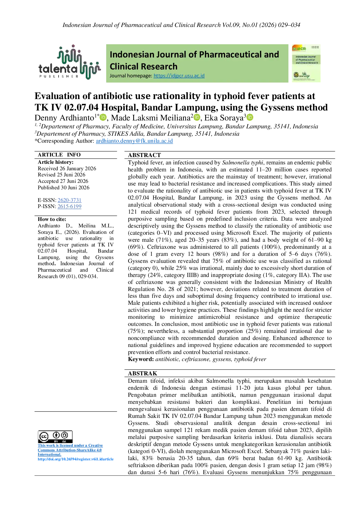 JURIS Evaluation Of Antibiotic Use Rationality In Typhoid Fever Patients At Tk Iv 02 07 04 Hospital Bandar Lampung Using The Gyssens Method