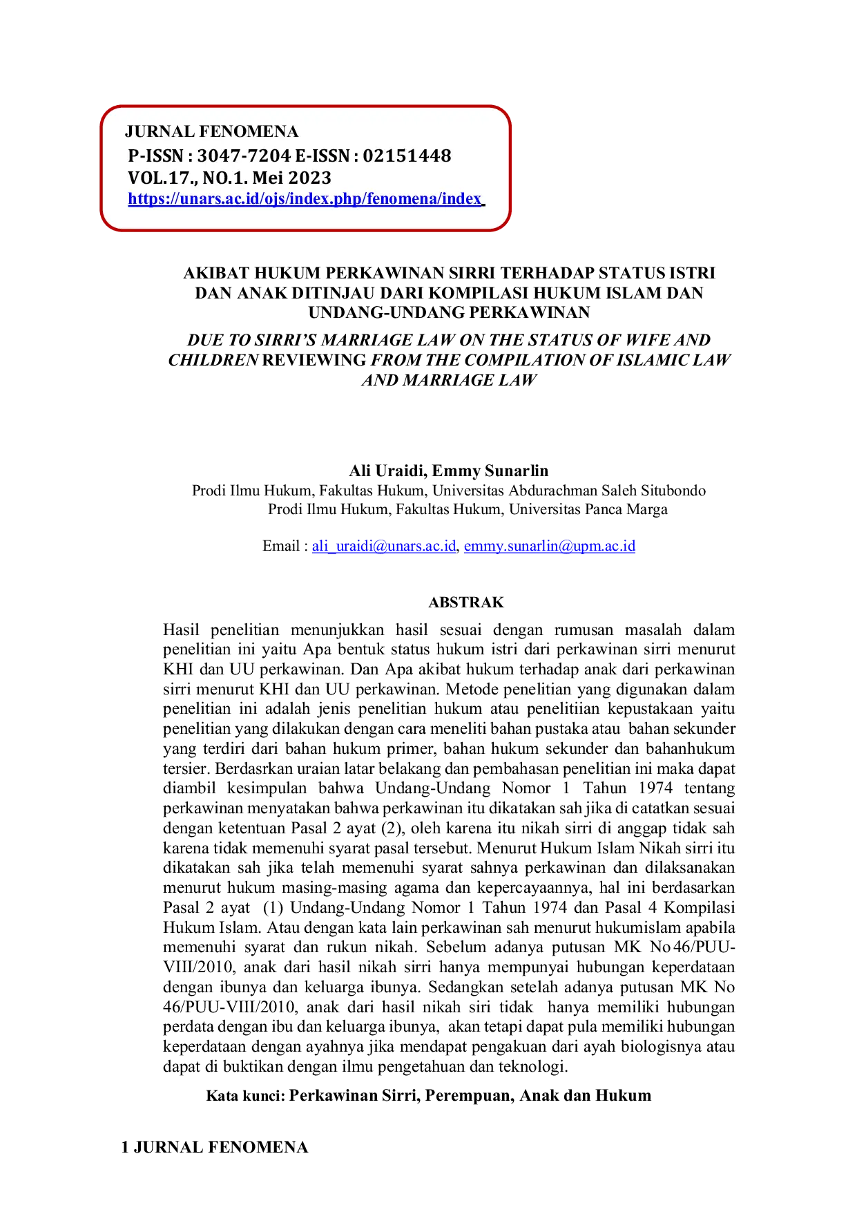 JURIS Akibat Hukum Perkawinan Sirri Terhadap Status Istri Dan Anak Ditinjau Dari Kompilasi Hukum Islam Dan Undang Undang Perkawinan