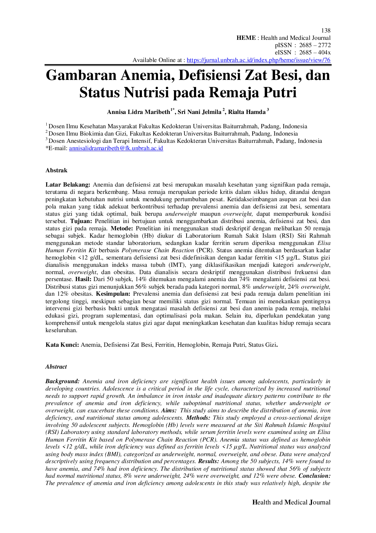 JURIS Gambaran Anemia Defisiensi Zat Besi dan Status Nutrisi pada Remaja Putri