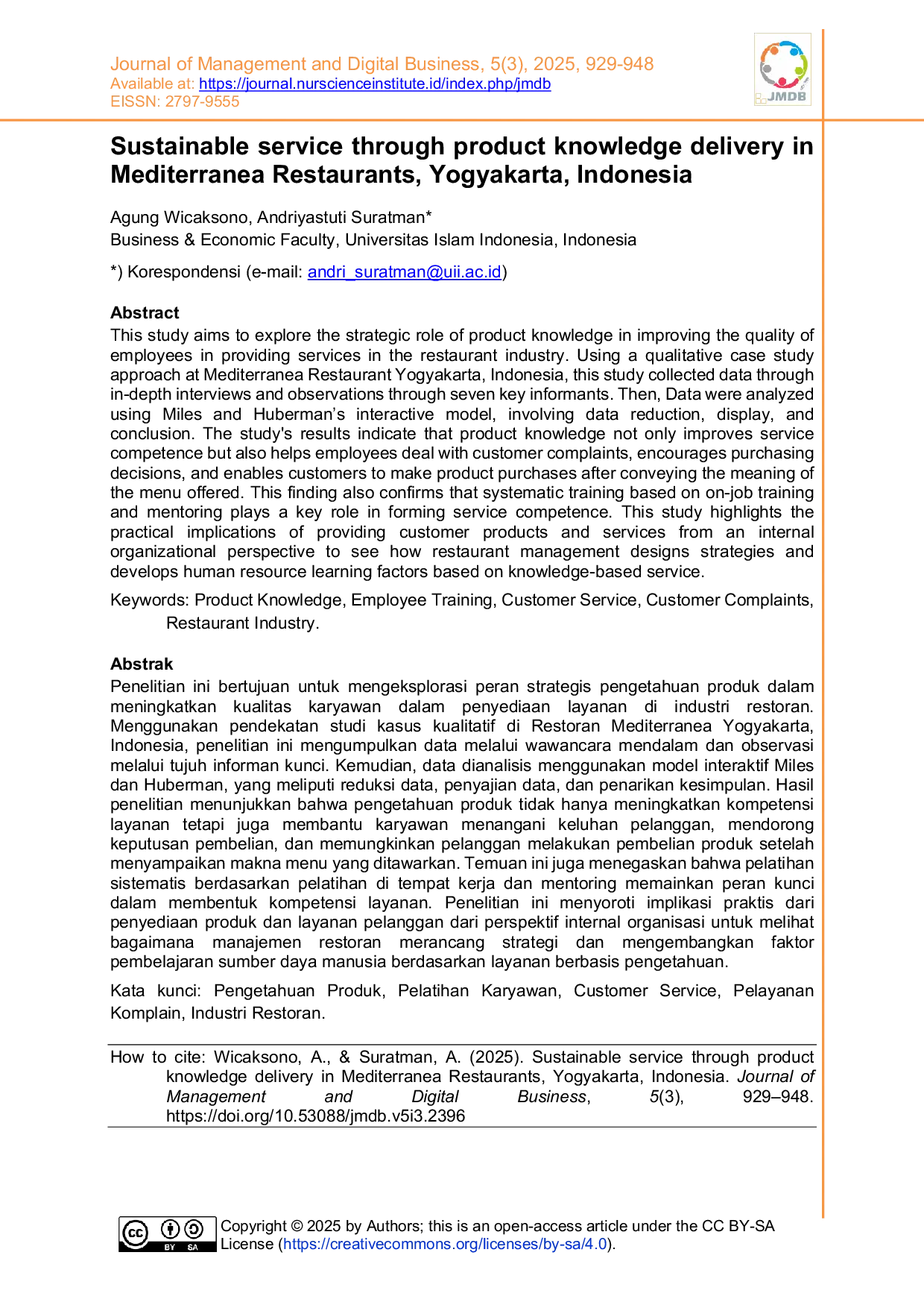 JURIS Sustainable service through product knowledge delivery in Mediterranea Restaurants Yogyakarta Indonesia