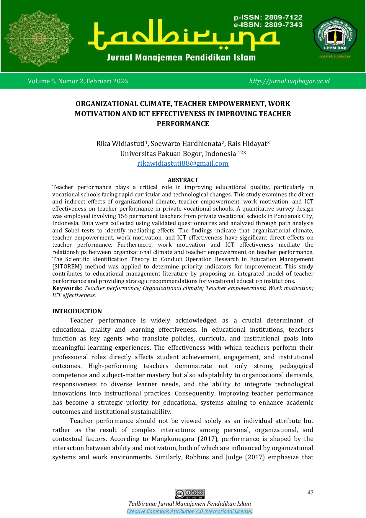 JURIS Organizational Climate Teacher Empowerment Work Motivation and ICT Effectiveness in Improving Teacher Performance