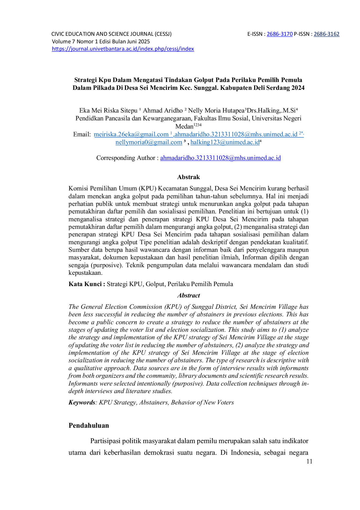 JURIS Strategi KPU Dalam Mengatasi Tindakan Golput Pada Perilaku Pemilih Pemula Dalam Pilkada Di Desa Sei Mencirim Kec Sunggal Kabupaten Deli Serdang 2024