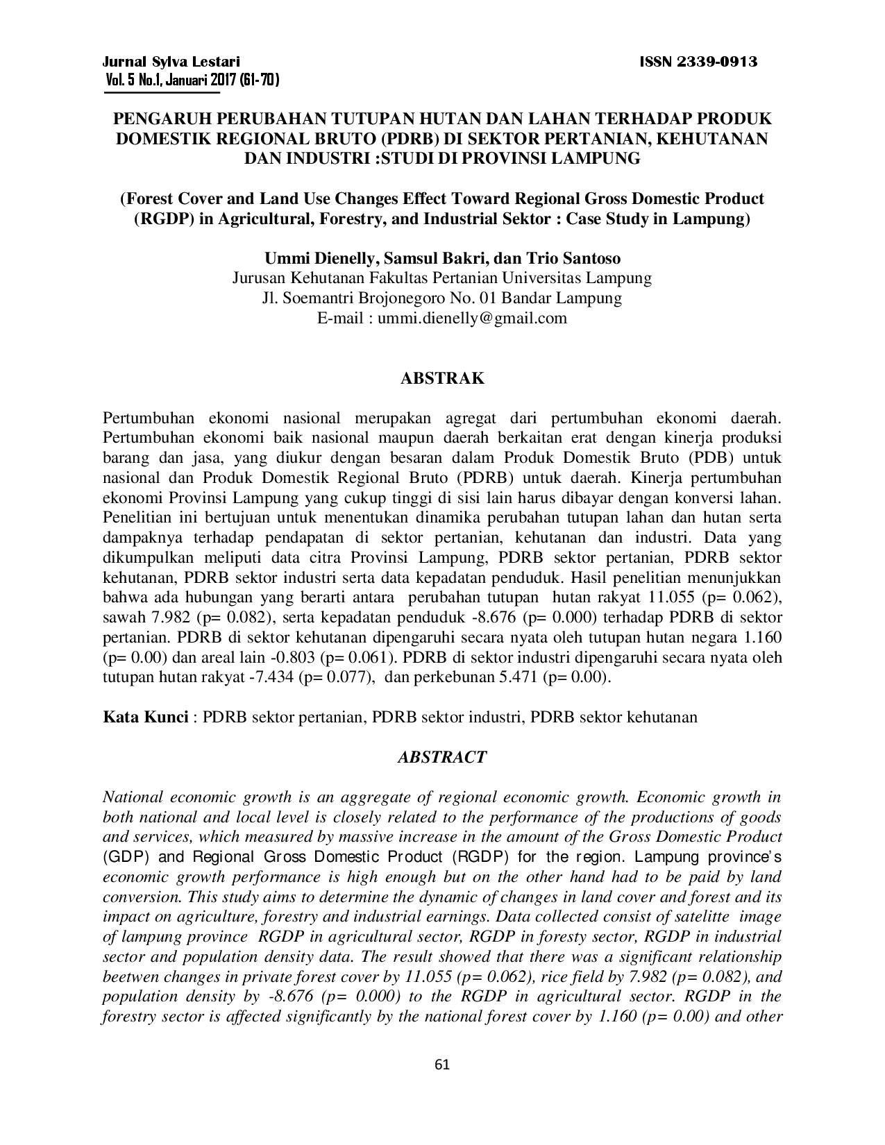 juris Pengaruh Perubahan Tutupan Hutan Dan Lahan Terhadap Produk Domestik Regional Bruto Pdrb Di Sektor Pertanian Kehutanan Dan Industri Studi Di Provinsi Lampung