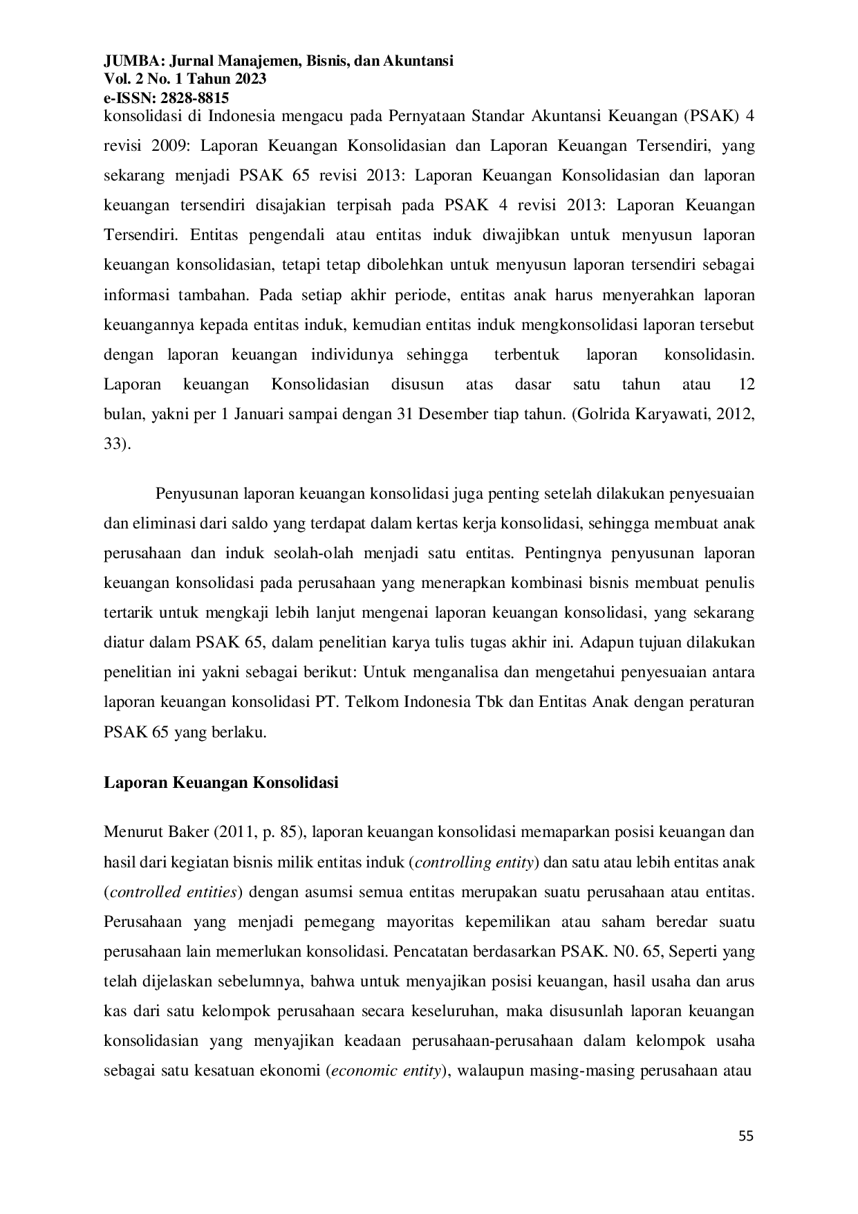 JURIS Implementasi Psak 65 Pada Laporan Keuangan Konsolidasi Pt Telkom Indonesia Tbk Dan Entitas Anak