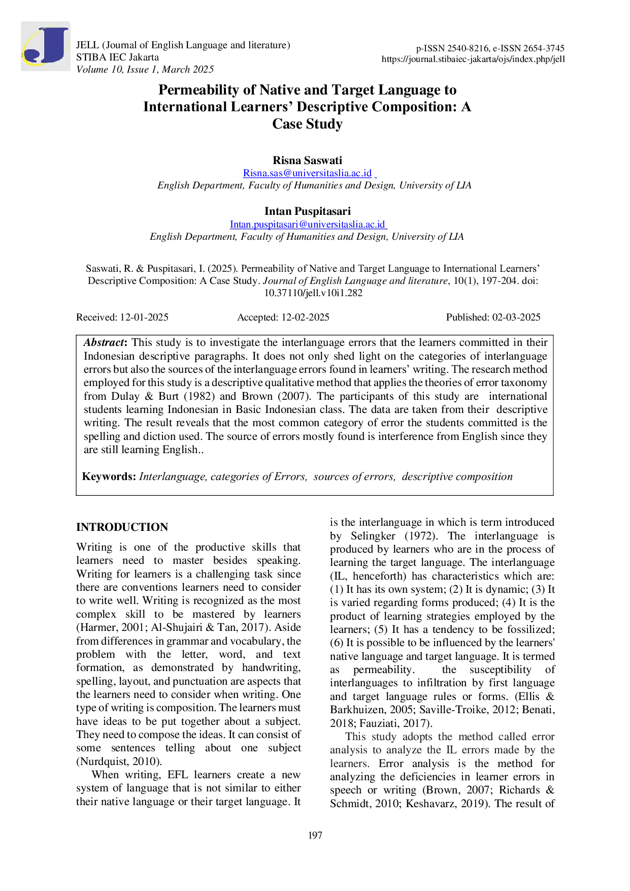 JURIS Permeability of Native and Target Language to International Learners Descriptive Composition A Case Study