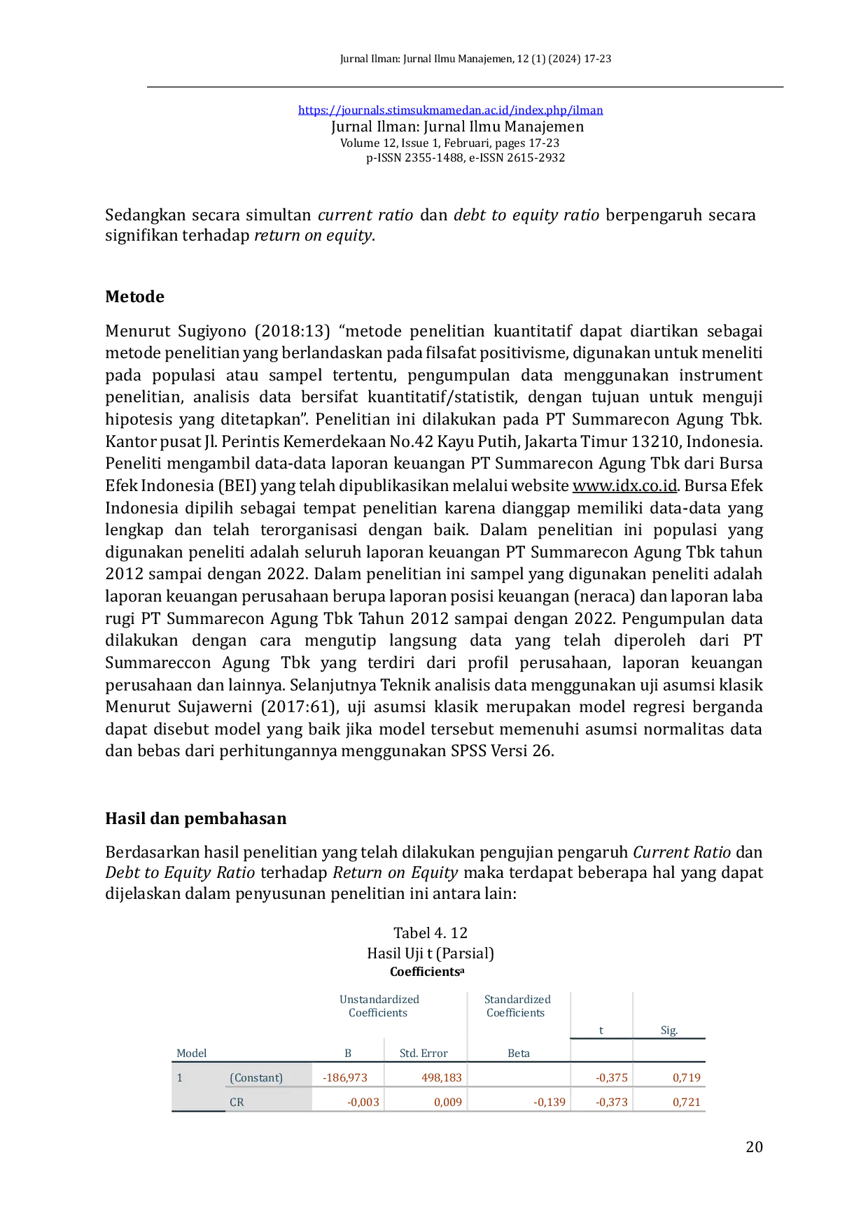 JURIS Pengaruh Current Ratio CR Dan Debt To Equity Ratio DER Terhadap Return On Equity ROE Pada PT Summarecon Agung Tbk