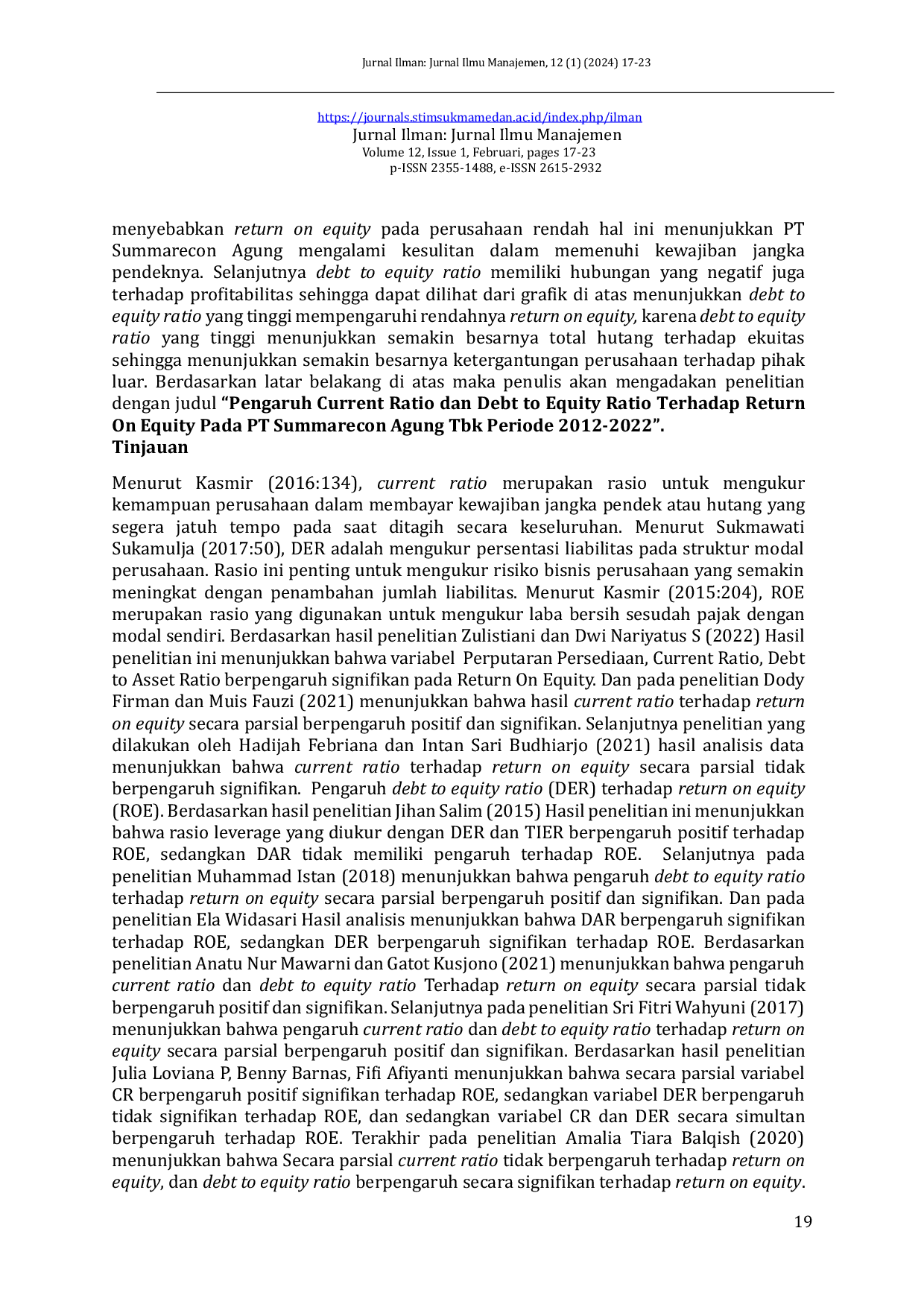 JURIS Pengaruh Current Ratio CR Dan Debt To Equity Ratio DER Terhadap Return On Equity ROE Pada PT Summarecon Agung Tbk