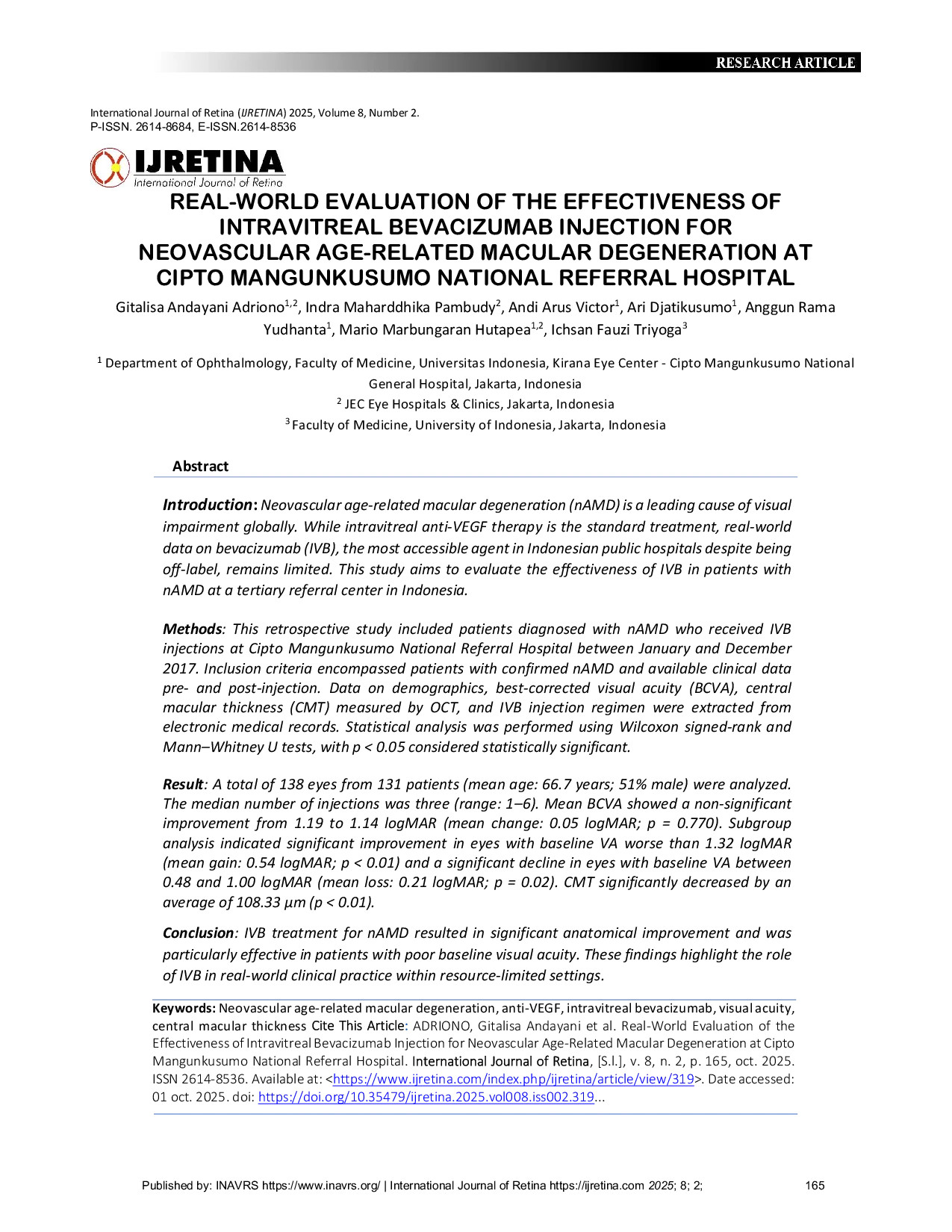 JURIS Real World Evaluation of the Effectiveness of Intravitreal Bevacizumab Injection for Neovascular Age Related Macular Degeneration at Cipto Mangunkusumo National Referral Hospital