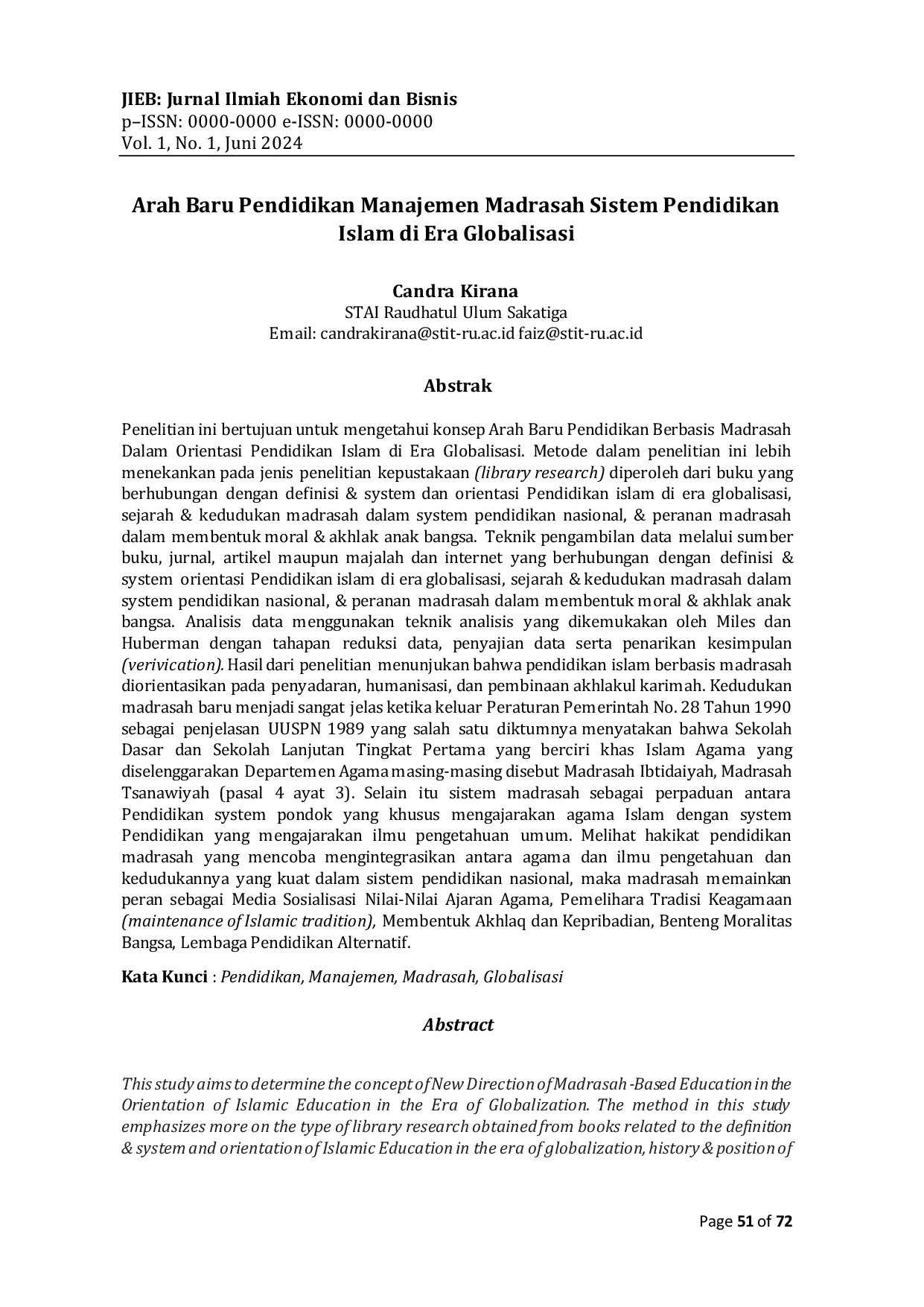 JURIS Arah Baru Pendidikan Manajemen Madrasah Sistem Pendidikan Islam di Era Globalisasi