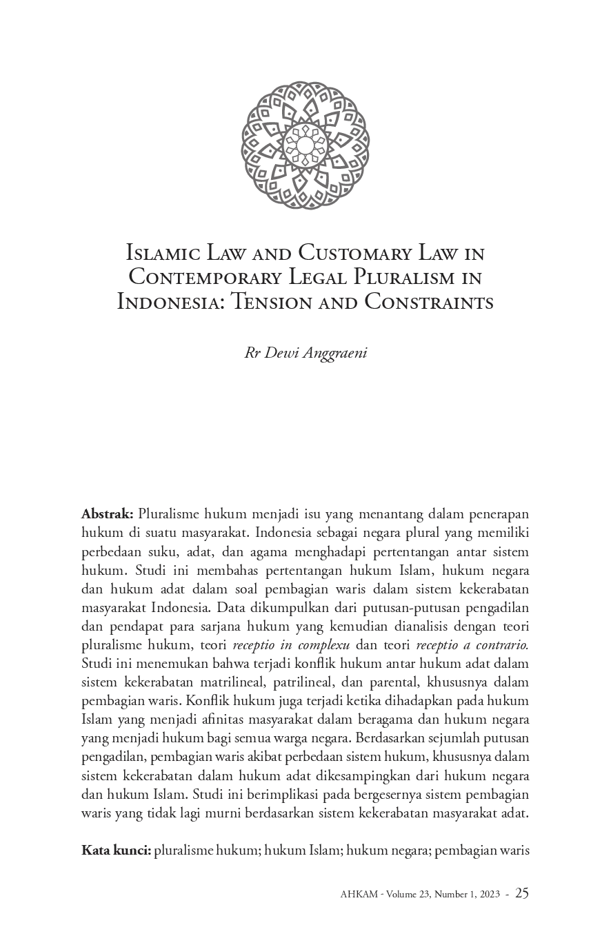 juris Islamic Law and Customary Law in Contemporary Legal Pluralism in Indonesia Tension and Constraints