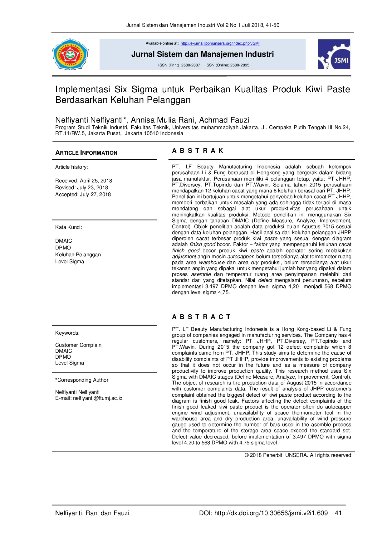 juris Implementasi Six Sigma untuk Perbaikan Kualitas Produk Kiwi Paste Berdasarkan Keluhan Pelanggan